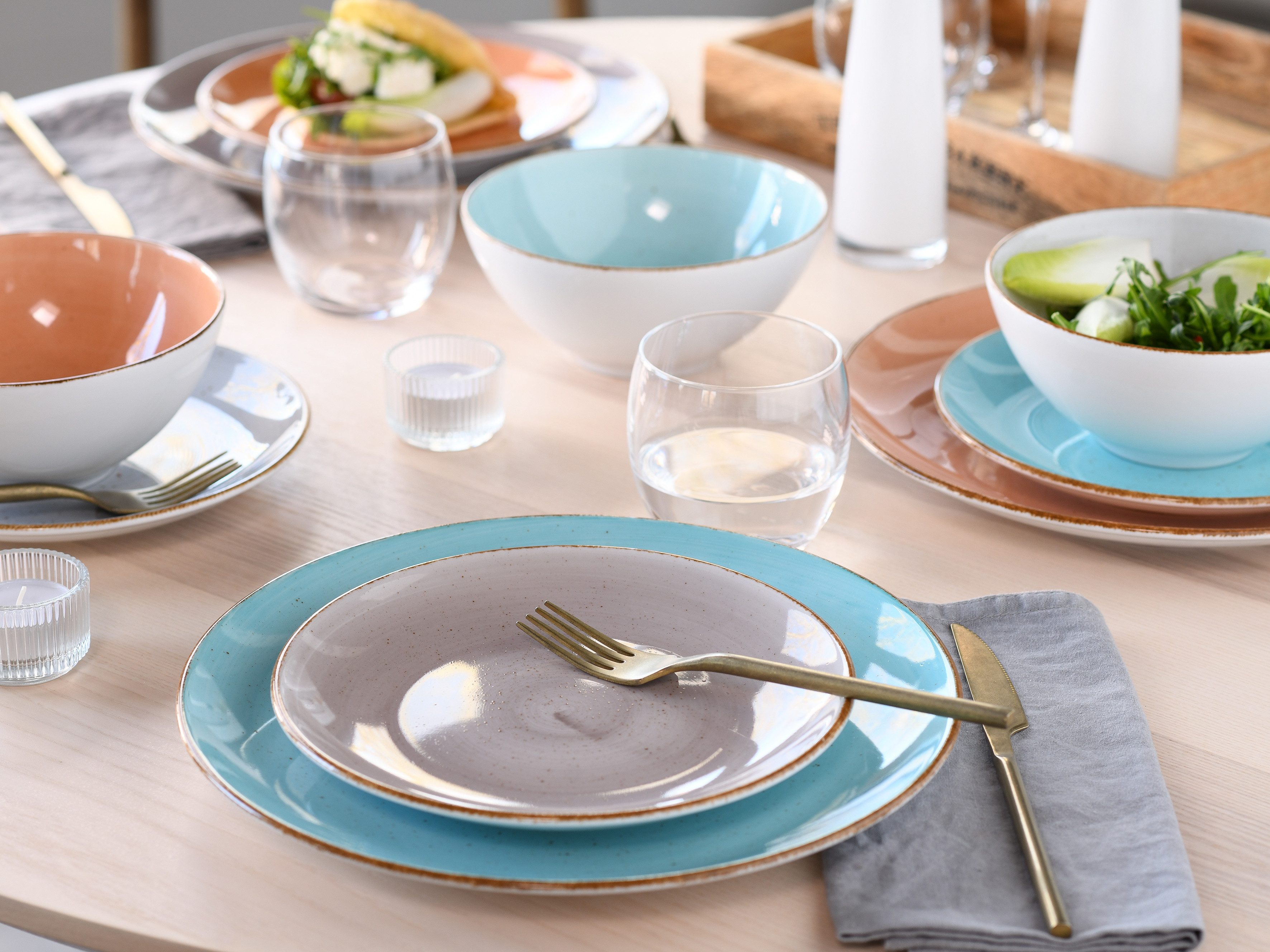 CreaTable Combi-servies Servies-set VINTAGE NATURE Servies, met de hand geschilderd, gespikkeld, 16 delen, voor 4 personen (set, 16-delig)