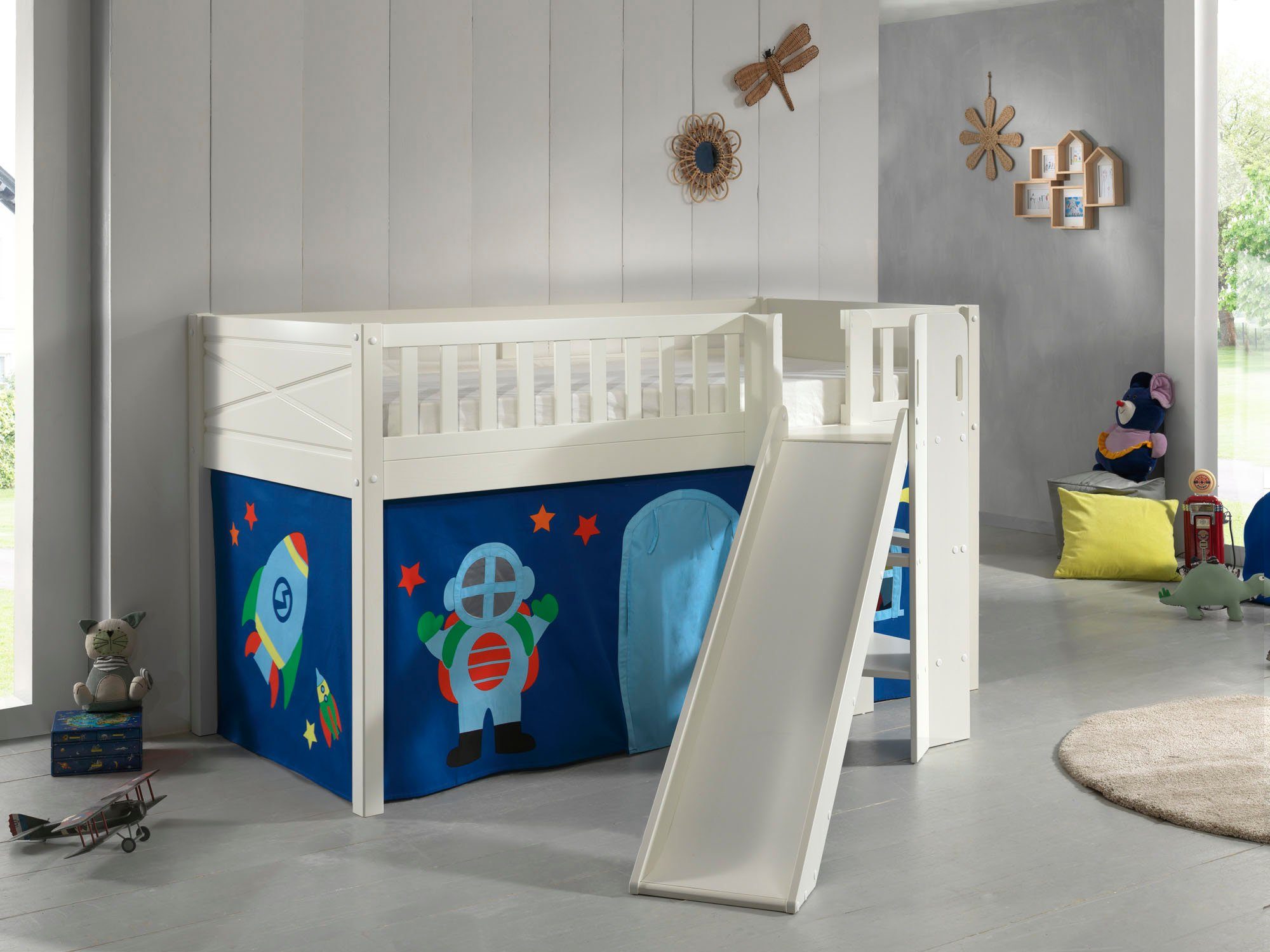 Vipack Hoogslaper Scott m. glijbaan/ladder toren, ligoppervlak 90 x 200 cm, doek, tunnel, 4 designs