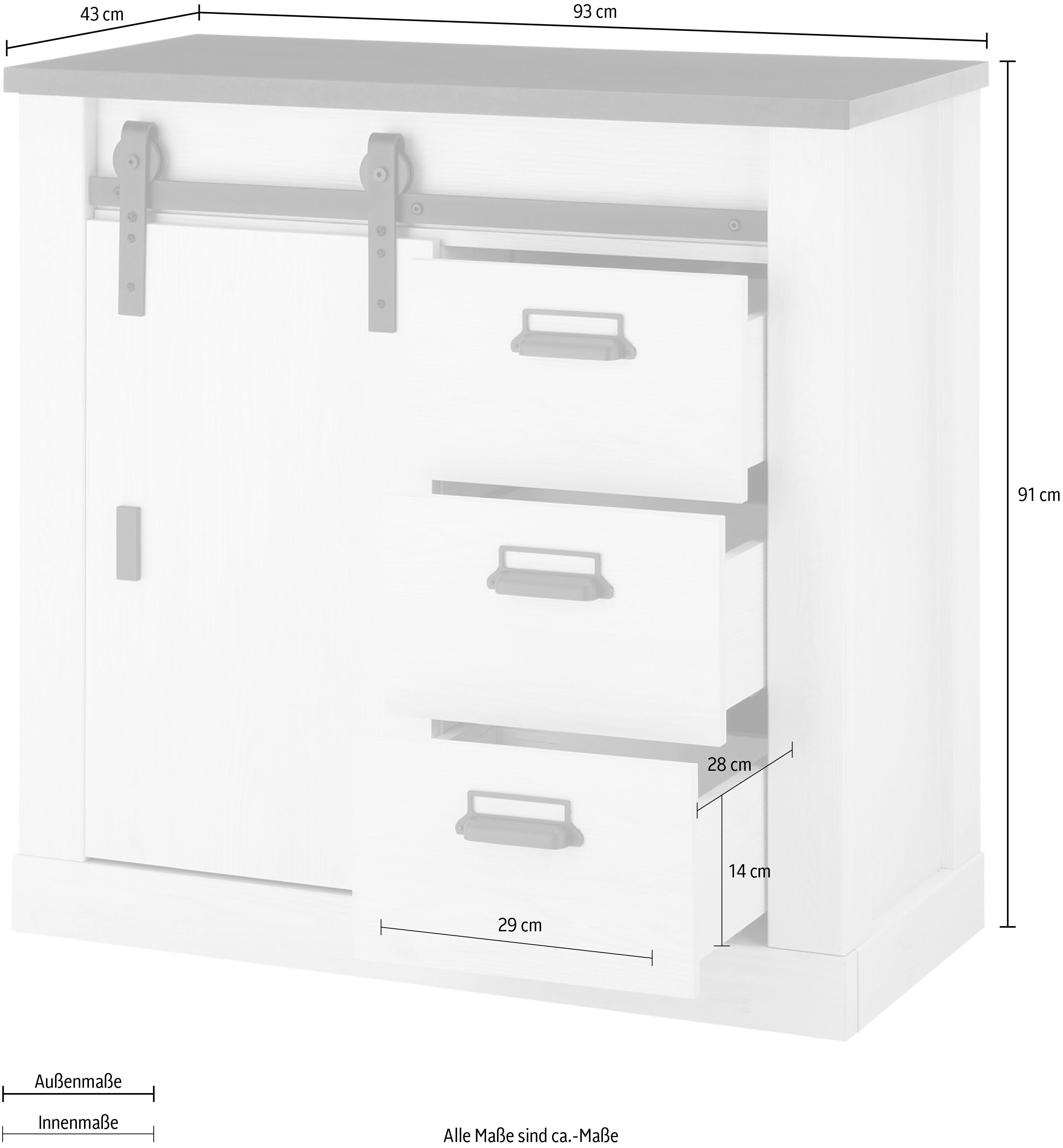 Home affaire Kast Sherwood Houtdecor, met schuurdeurbeslag en apothekersgrepen, breedte 92 cm