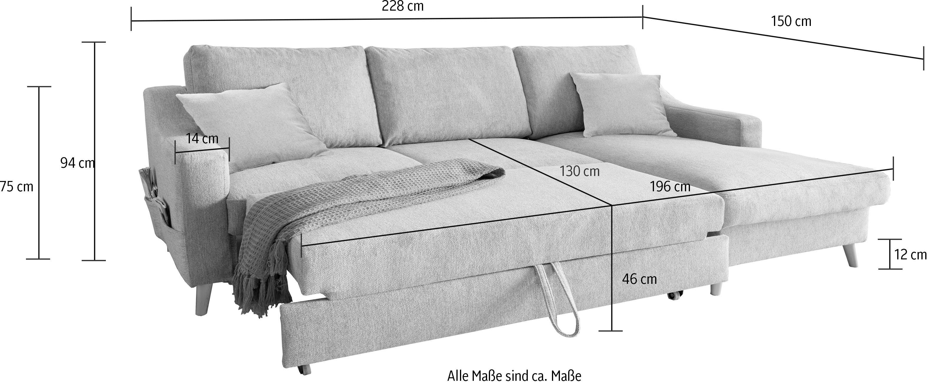 INOSIGN Hoekbank Valentina L-vorm 2 sierkussens, met zijvak, uittrekbare matrasbodem, bedbox