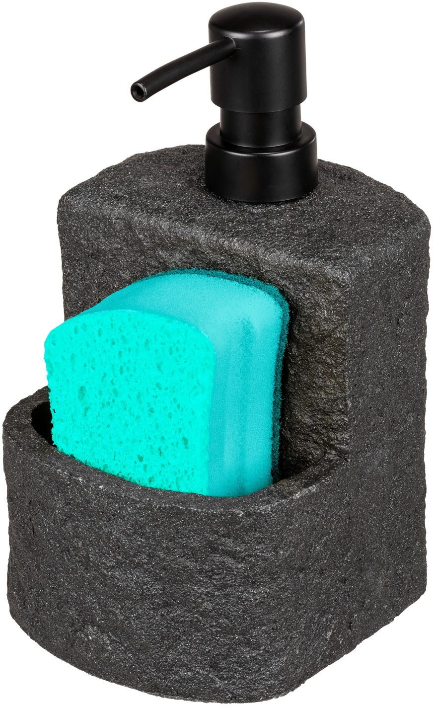 WENKO Dispenser voor afwasmiddel Festival Stone van polyresin, steenlook, met afwasponsvak, 380 ml