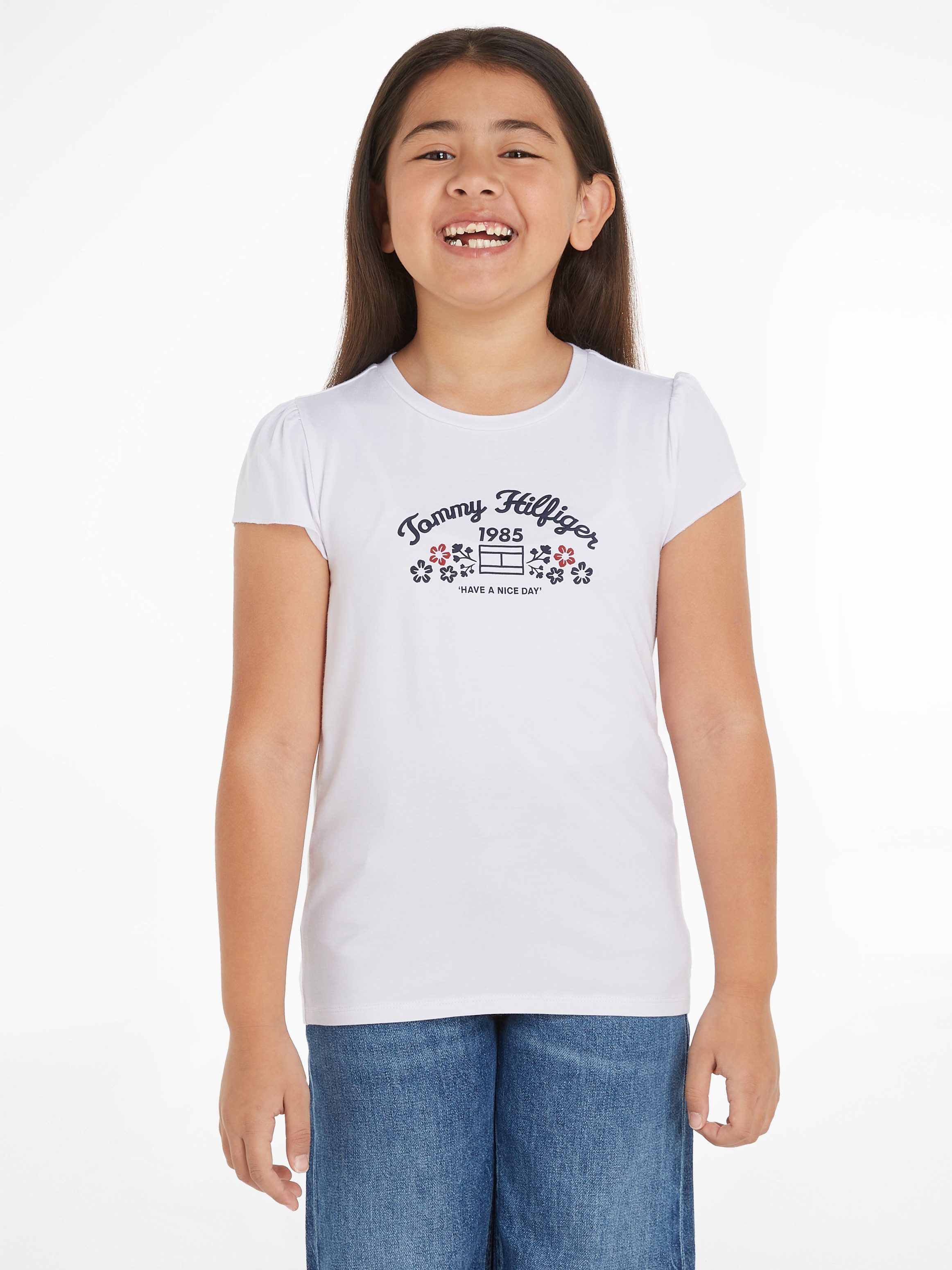 Tommy Hilfiger T-shirt FLOWER PUFF PRINT REG TEE SS Kinderen tot 16 jaar met merkprint meisjes t-shirts maat 3 (98) wit
