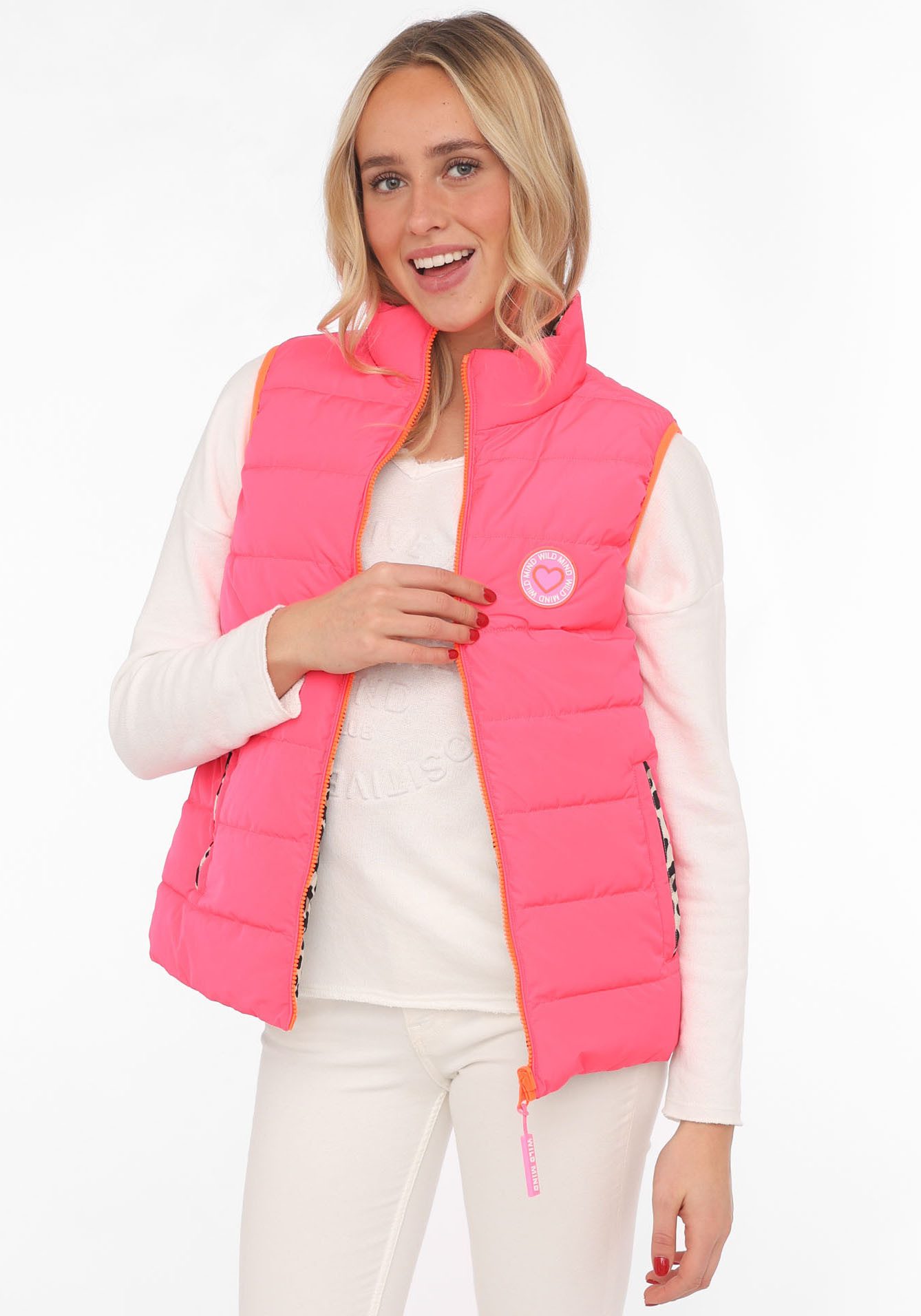 Zwillingsherz Reversible-gilet Omkeerbaar vest kort "Leo" twee keer te dragen met luipaardprint, staande kraag en zakken