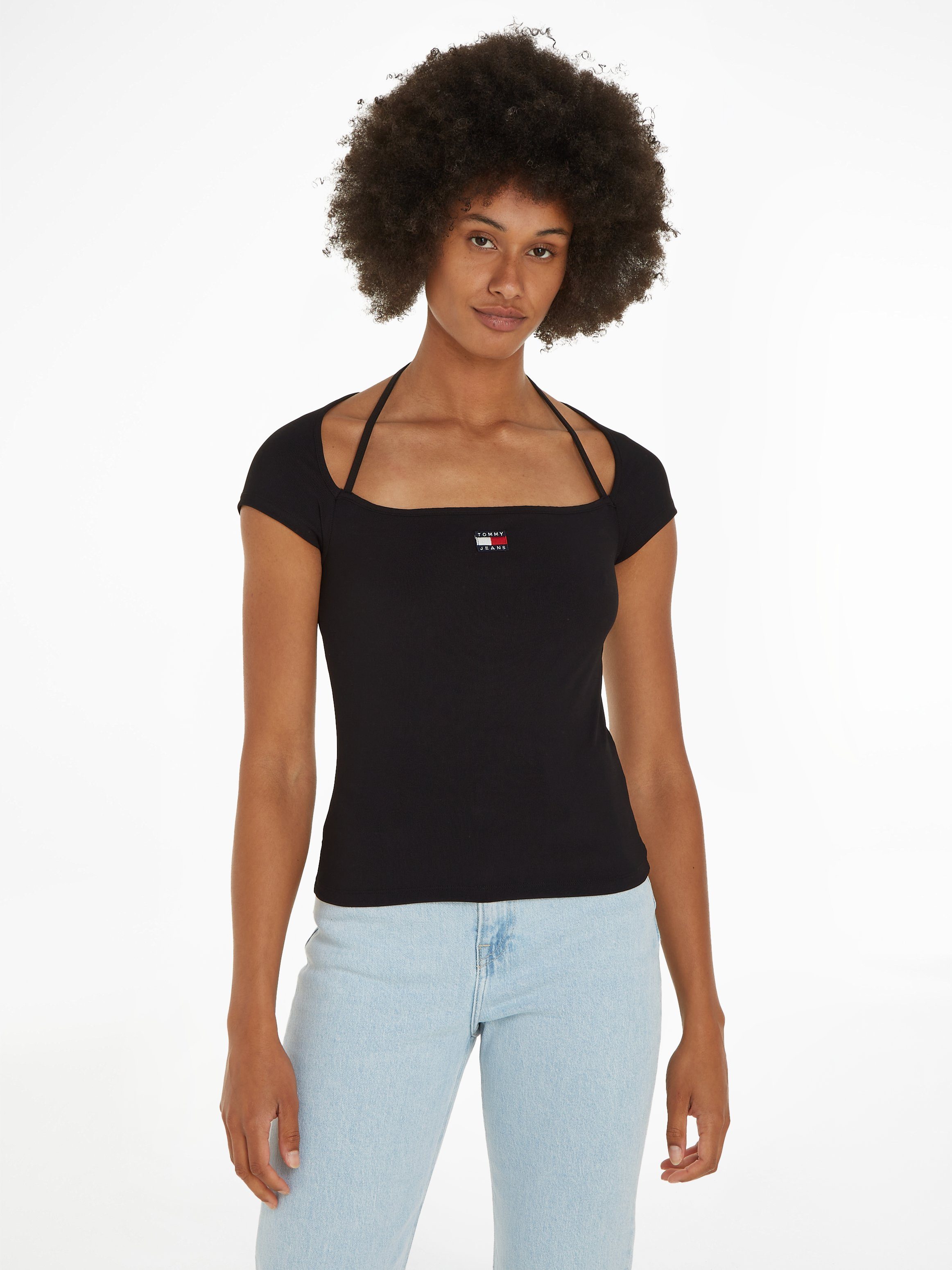 Tommy Jeans Ribbed Badge T-Shirt Lente Zomer Collectie Black Dames