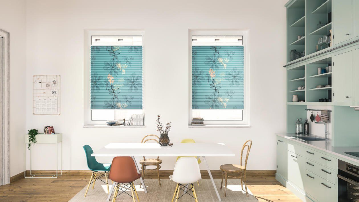 LICHTBLICK Plissé Klemmfix, zonder boren, ondoorzichtig, aqua in bloemmotief - blauw (1 stuk)