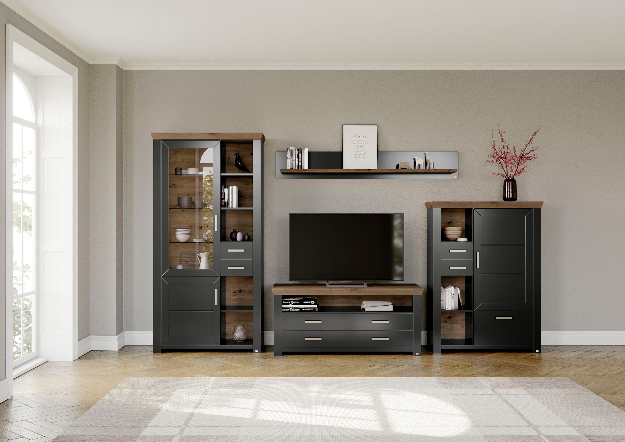 set one by Musterring Wandmeubel York Combinatie met 4 delen, in 3 kleurvarianten, totale breedte 370 cm (4-delig) tv-wandmeubels grijs