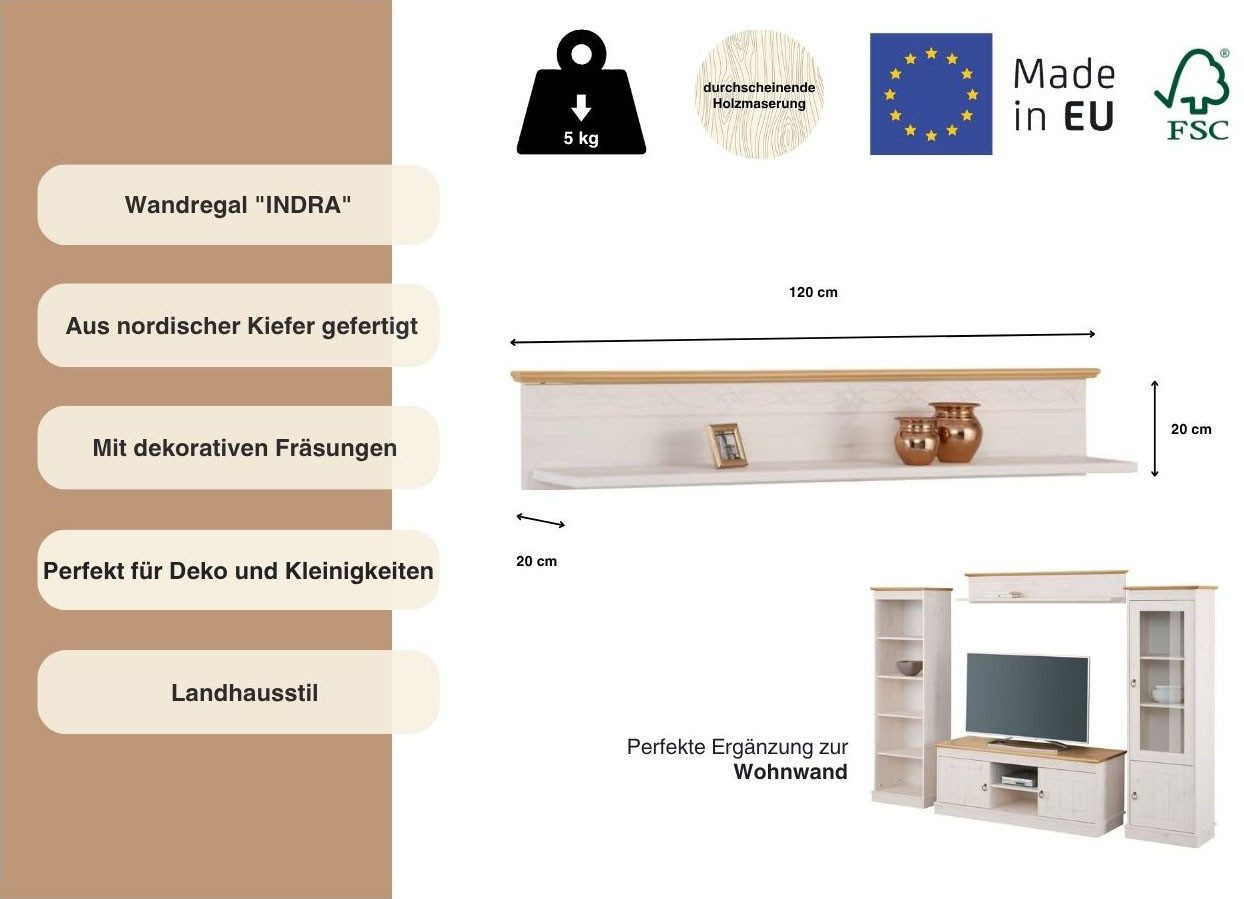 Home affaire Wandplank Indra van massief grenen, 120 cm breed