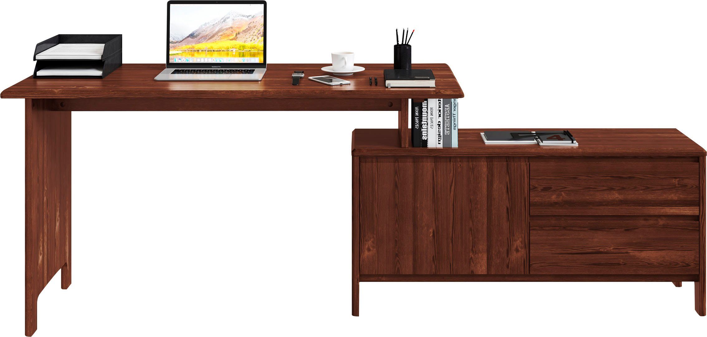 Home affaire Bureau Luven, van massief hout in 2 breedtes, variabel gebruik als bureau of hoekbureau bureaus bruin