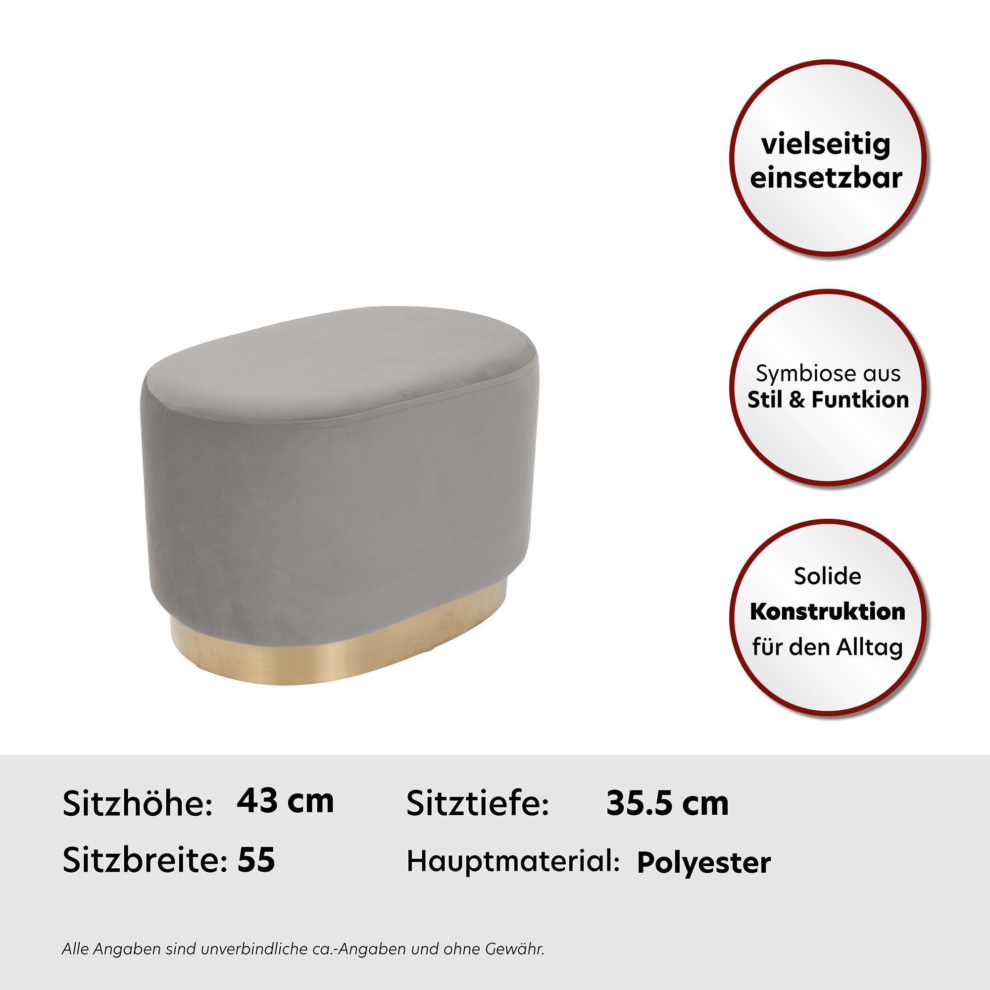Kayoom Hocker Nano 410, kruk in stijlvol design, ovale vorm, met voet van metaal Goudkleurige accenten, comfortabel, modern, met onderhoudsvriendelijke stofbekleding (1 stuk)