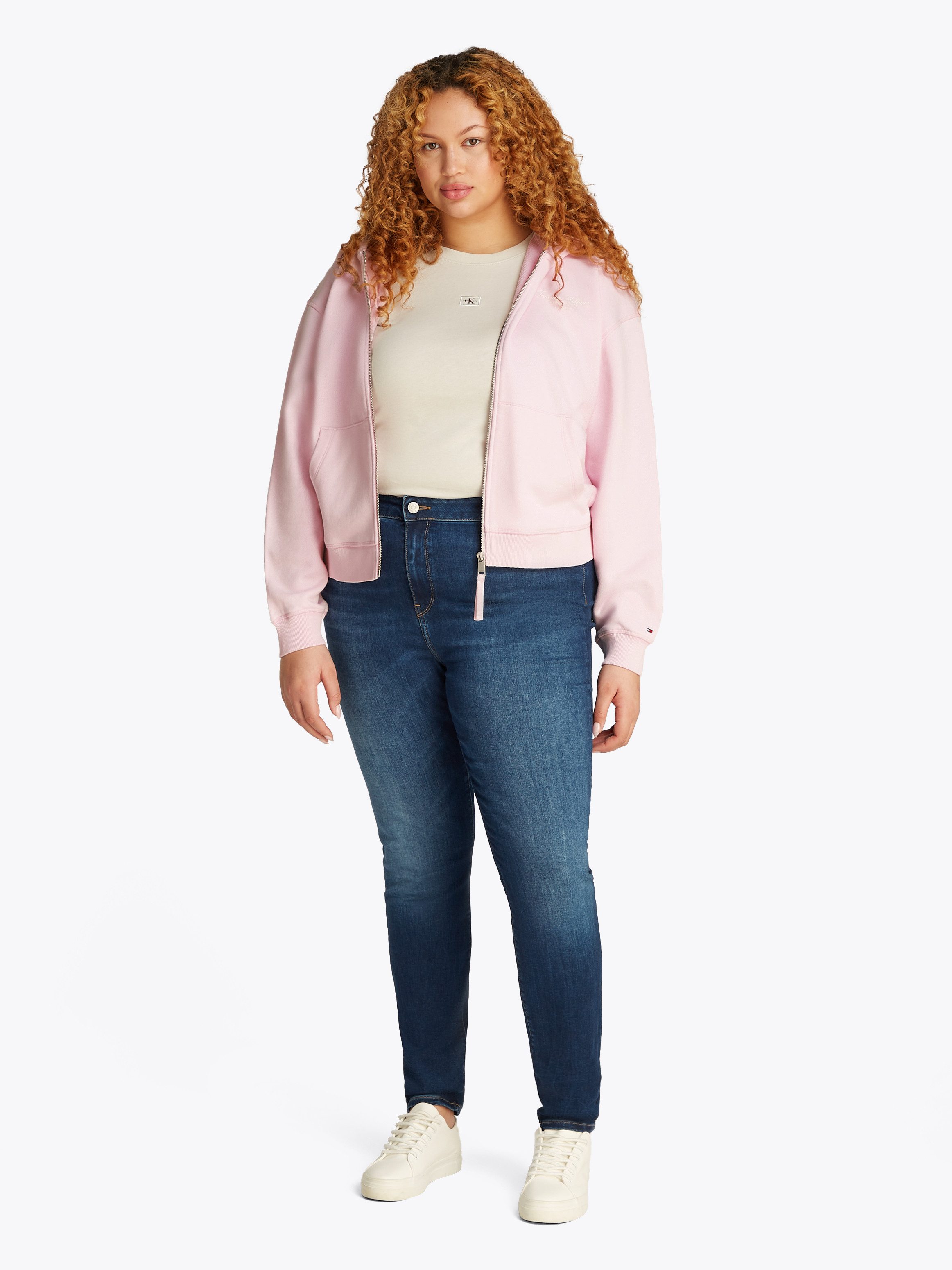 Tommy Hilfiger Curve Sweatvest CRV REG SCRIPT ZIP HOODIE in grote maten, capuchon, rits, logo-opdruk