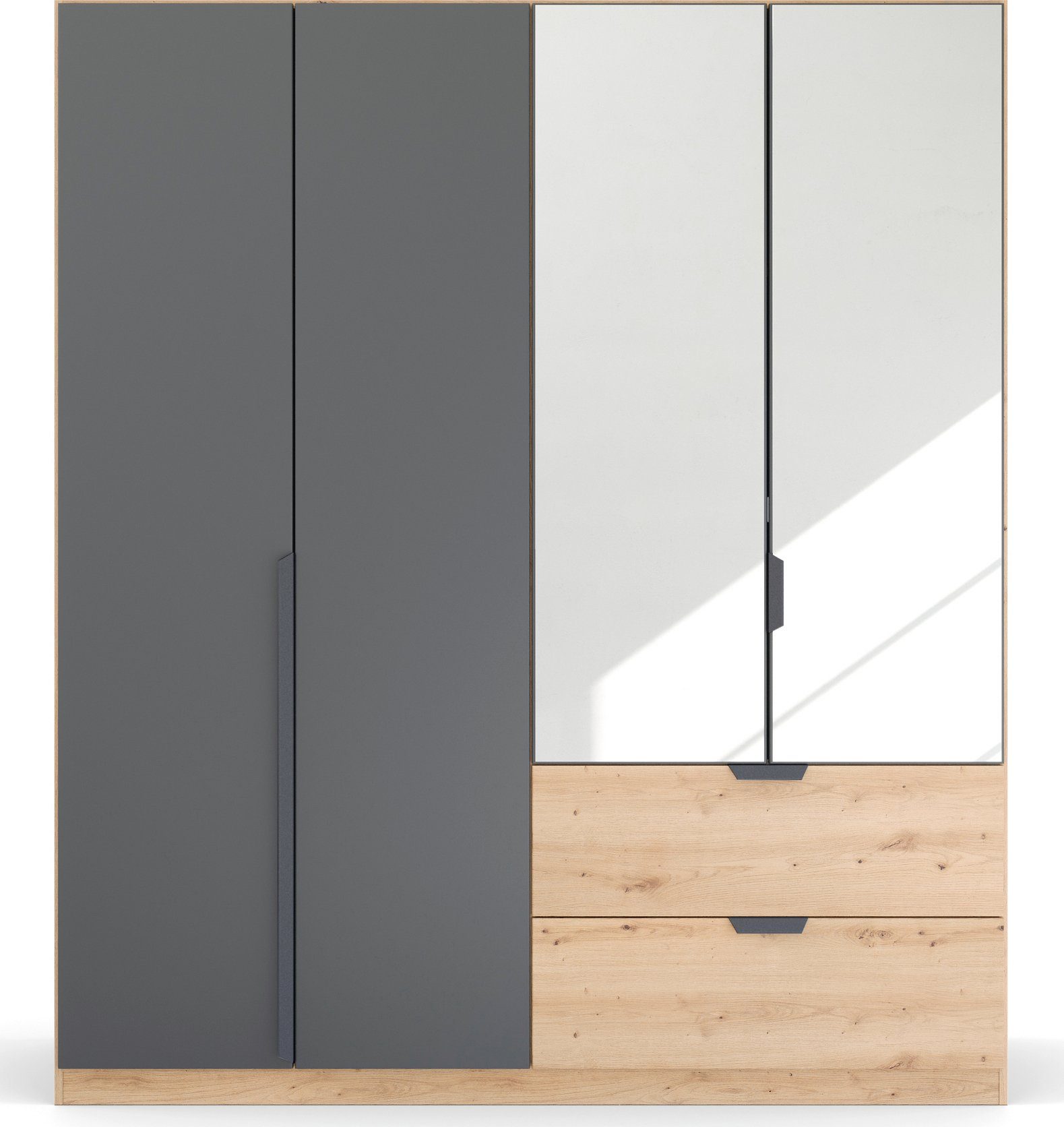 rauch Draaideurkast Dark&Wood by Quadra Spin in industriële stijl met laden in eikendecor, met spiegel