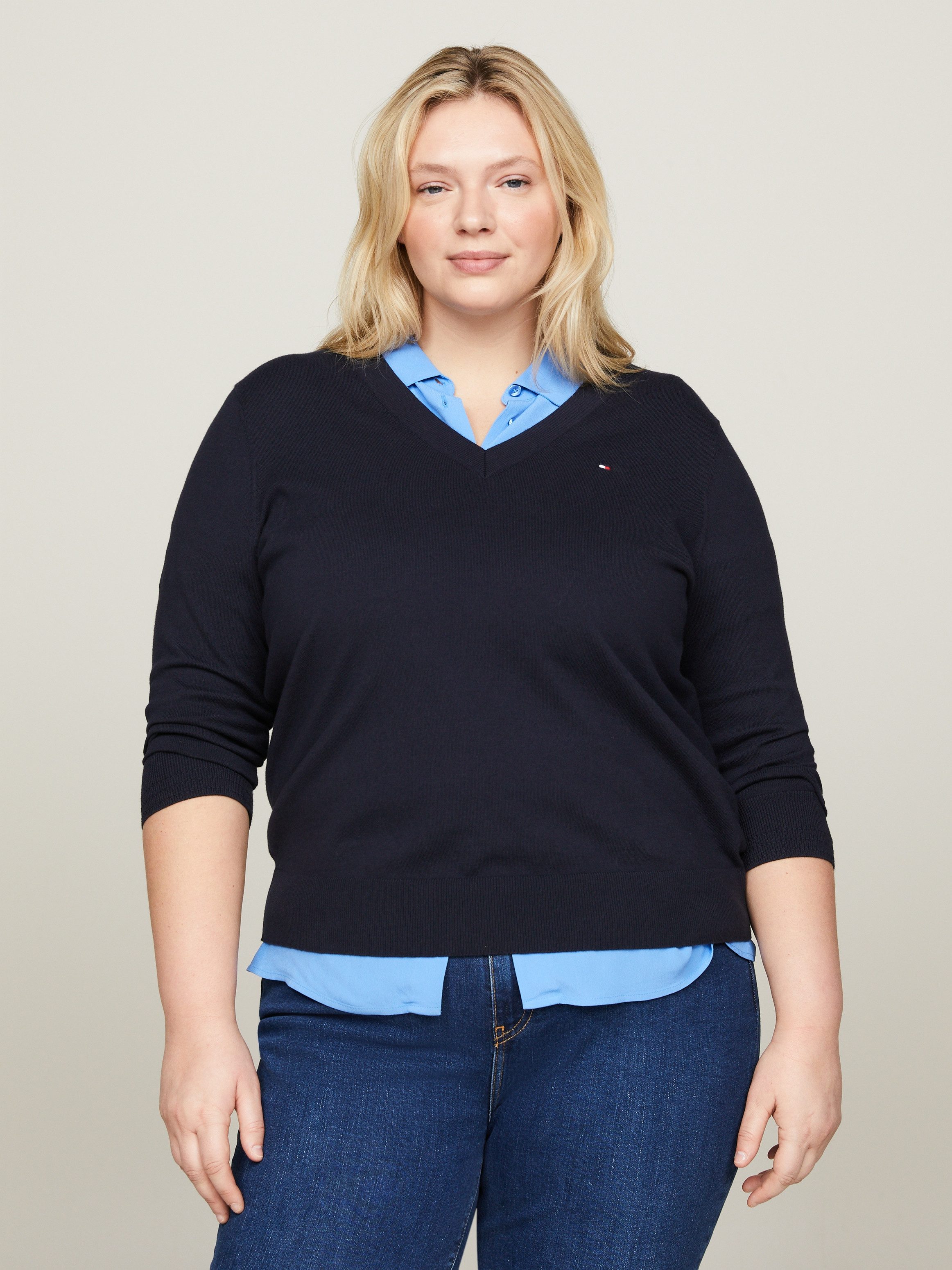 Tommy Hilfiger Curve Trui met V-hals CRV CO JERSEY STITCH V-NK SWEATR