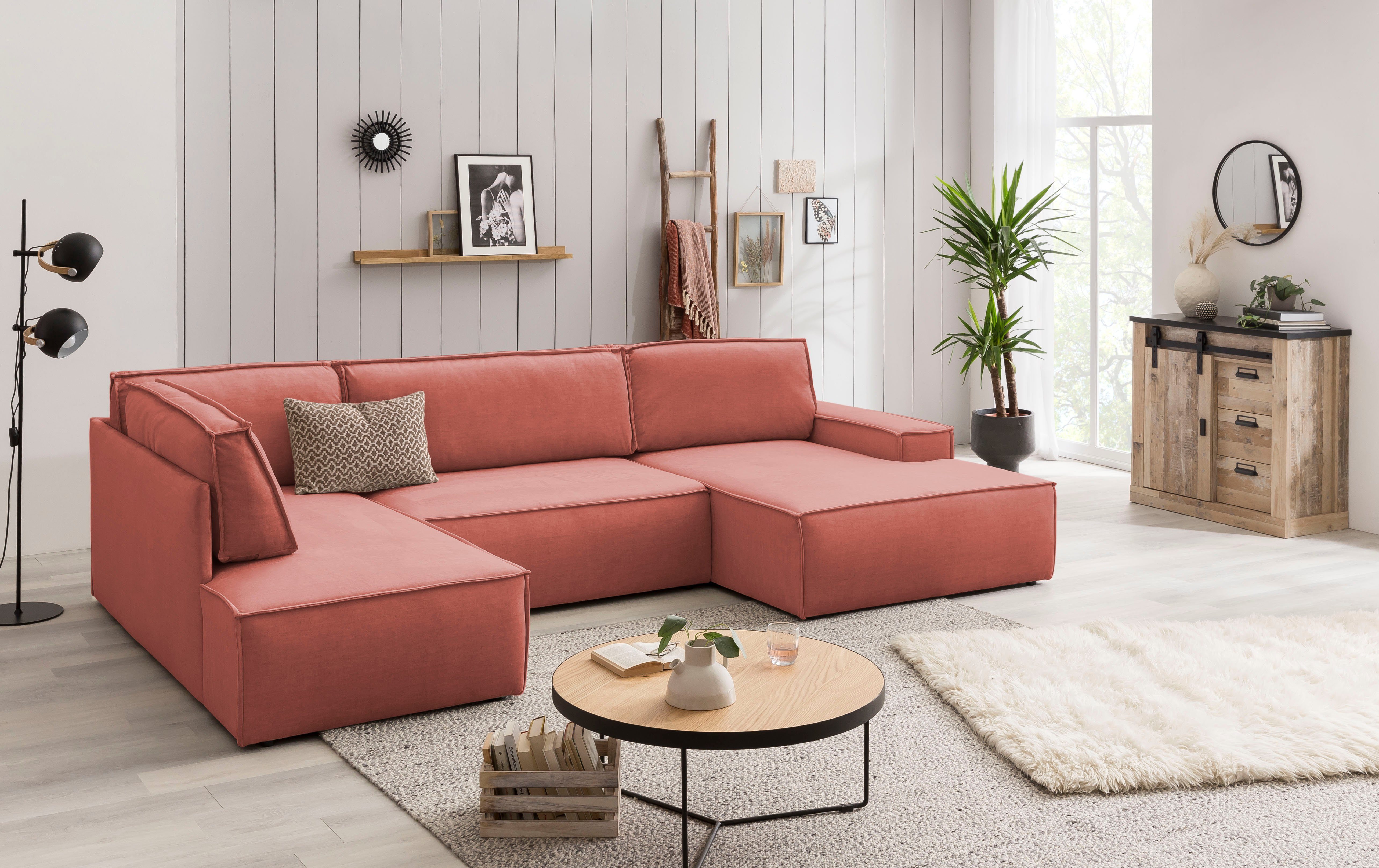 Home affaire Zithoek SHERWOOD 329 cm, U-vorm, slaapbank, Slaapfunctie met bedkist (194x139 cm), cord, vintage, fluweel