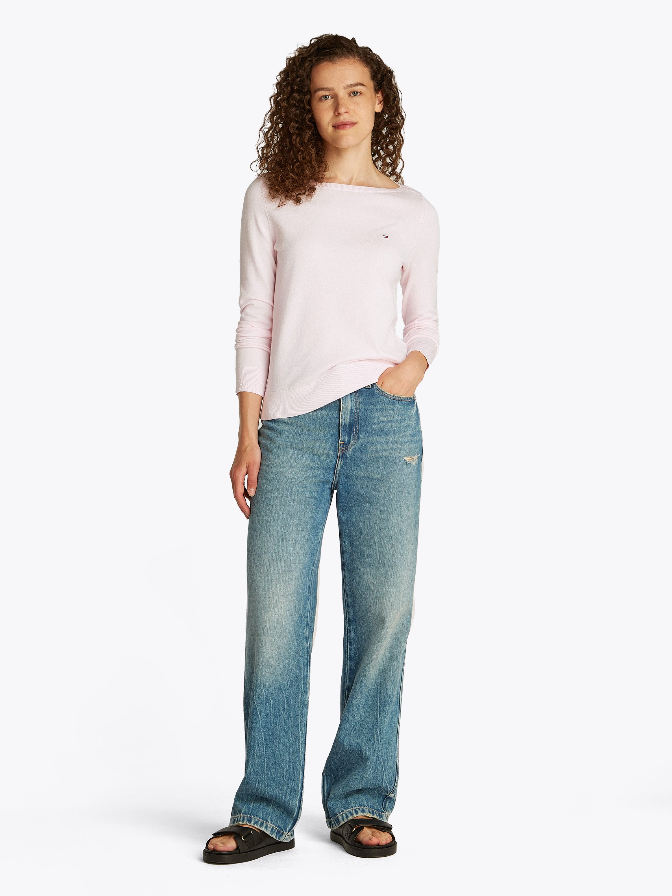 Tommy Hilfiger Gebreide trui CO JERSEY STITCH BOAT-NK SWEATER met -merklabel op de mouw