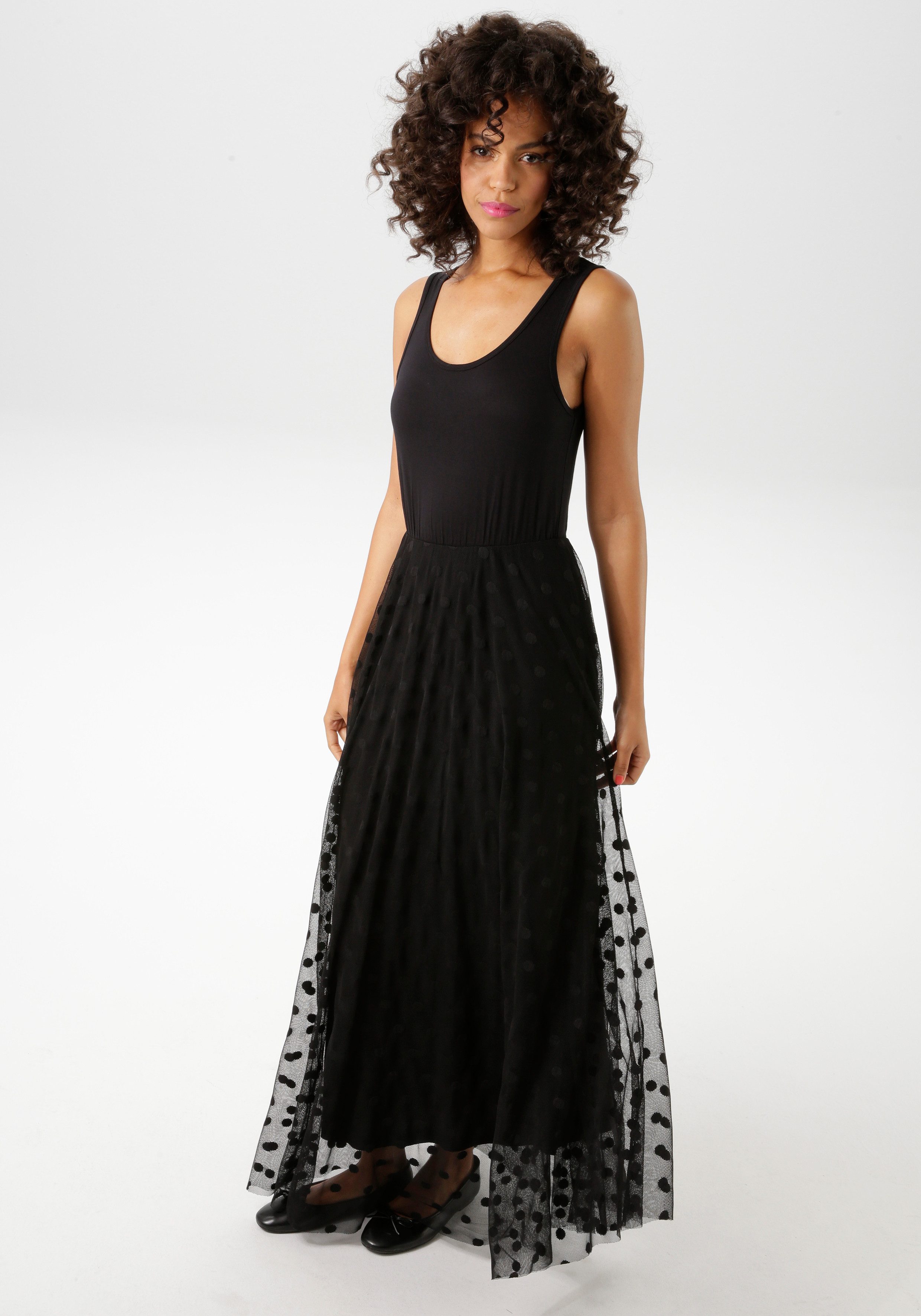 Aniston CASUAL Maxi-jurk met stippen mesh versierd rokdeel nieuwe collectie