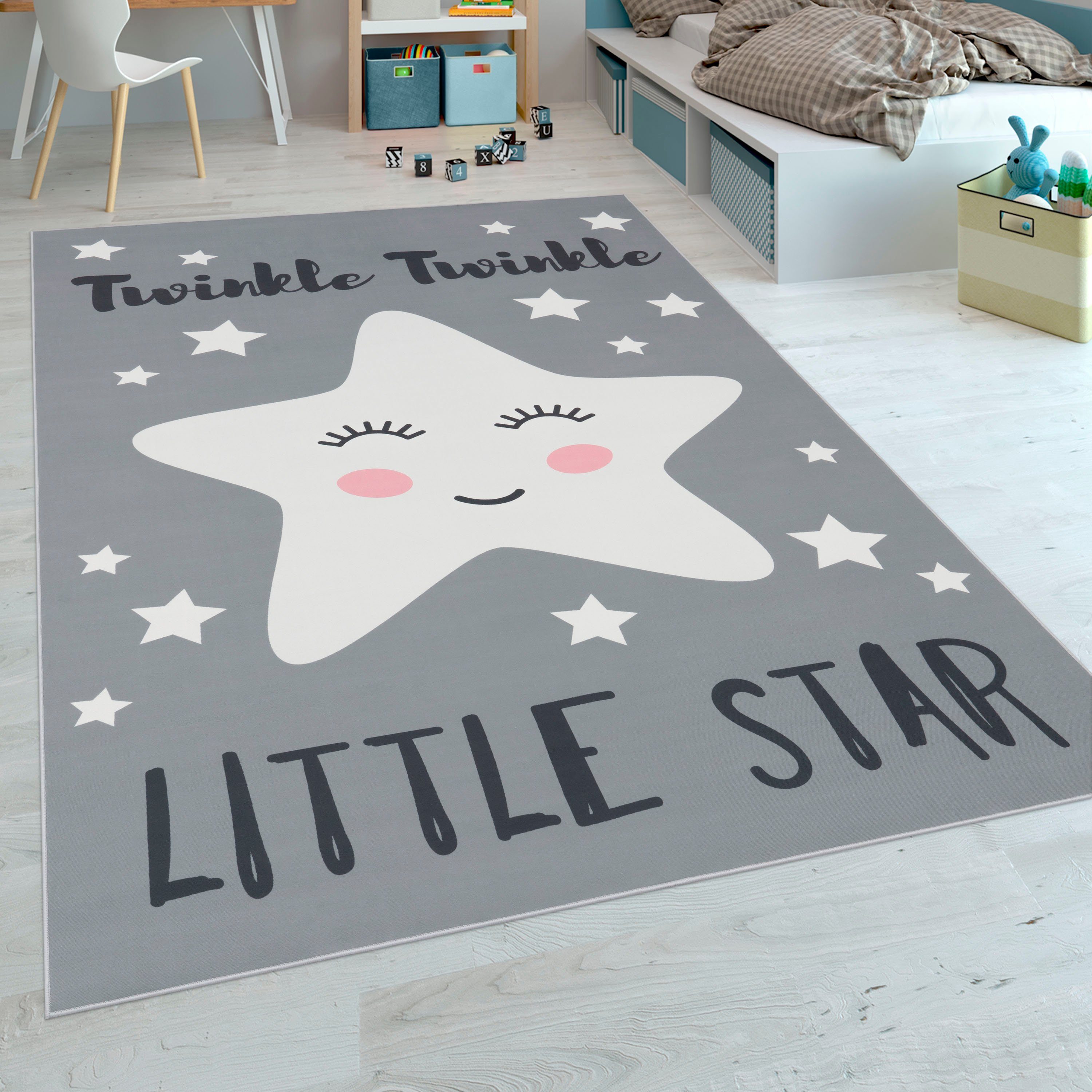 Paco Home Kindervloerkleed Aleyna 105 Kinderdesign, schattig stermotief met een opschrift, kinderkamer speelkleden maat 180x280 cm grijs