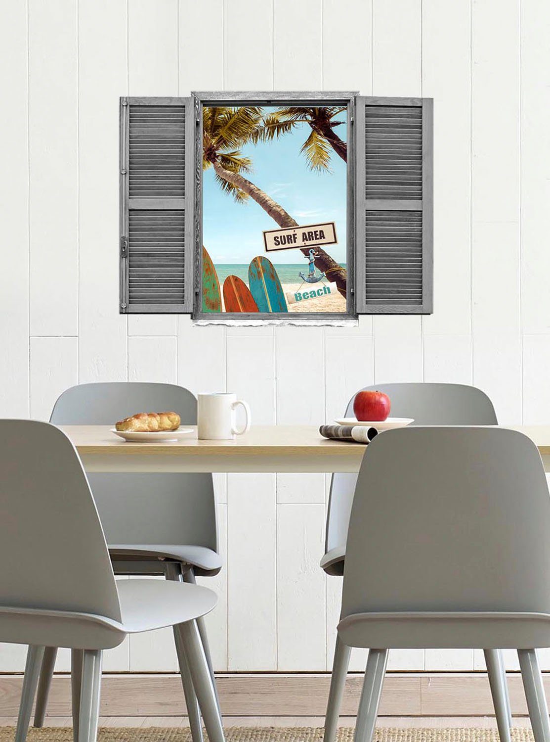 queence Wandfolie Surf Beach Muursticker, muurdecoratie, zelfklevend, 3D, raam (1 stuk)