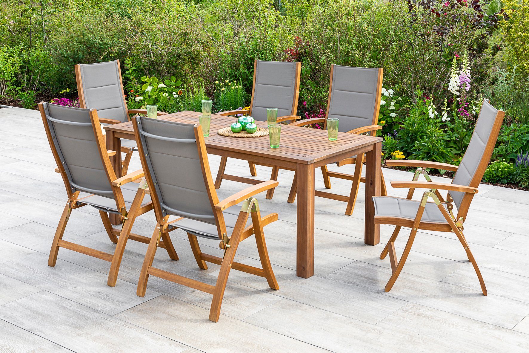 MERXX Tuin-eethoek Acapulco 6 klapstoelen met tafel (7-delig) tuinsets grijs