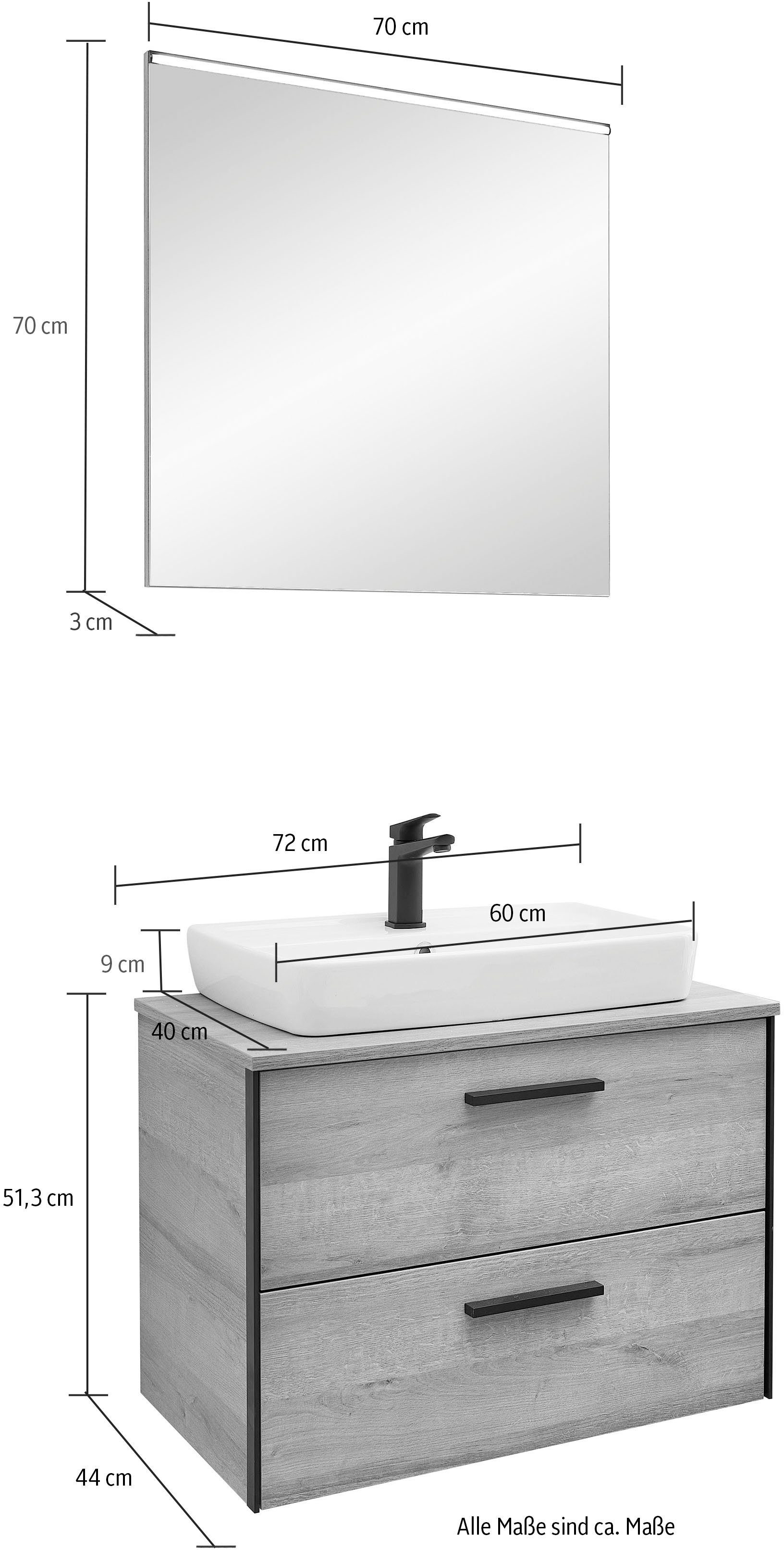 Saphir Badkamerserie Quickset 395 2-delig, keramieken opzetwasbak met led-spiegel Wastafelmeubel 73 cm breed, 2 laden, wastafelblad, badkameraccessoireset (4-delig)