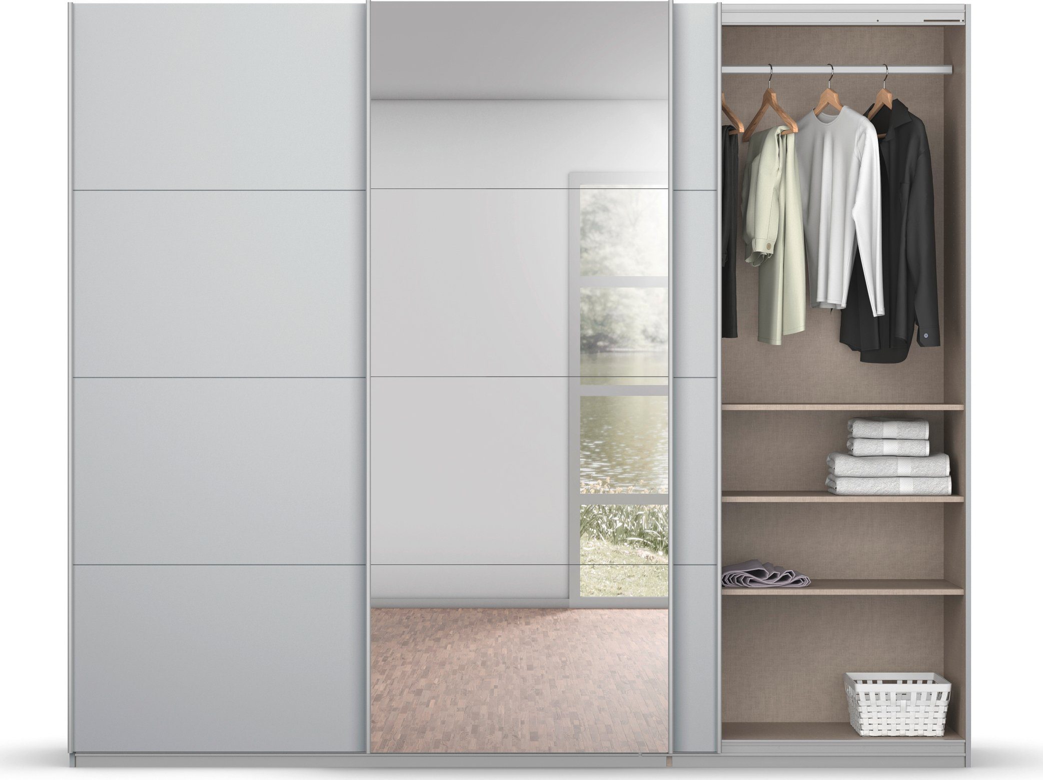 rauch Zweefdeurkast Kledingkast kast garderobe BESTSELLER KOLUNA met spiegel inclusief 2 binnenladen en extra legplanken made in germany
