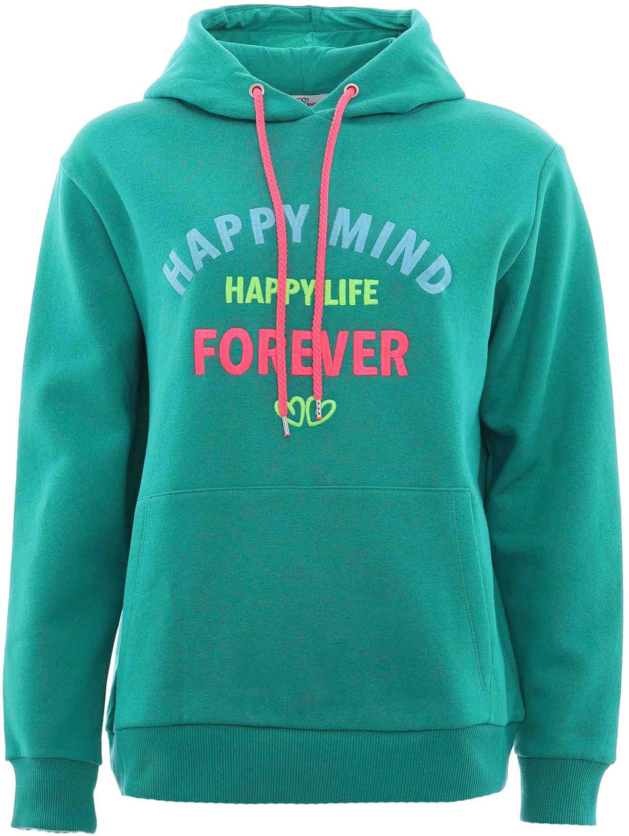 Zwillingsherz Sweatshirt met "happy"-borduursel in neonkleur op de voor- en achterkant