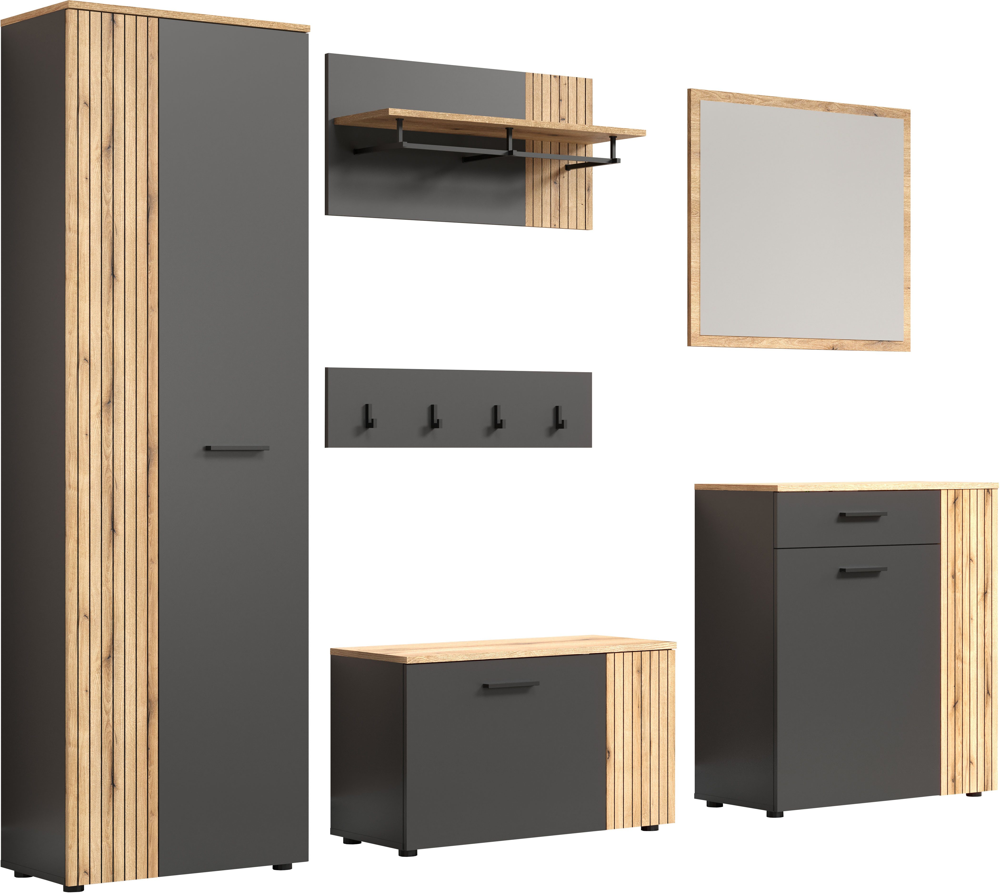 INOSIGN Halmeubelset Estepona Garderobemeubel met ribbelontwerp - afmetingen (B/D/H) 250/36/195 cm (complete set, 6-delig)