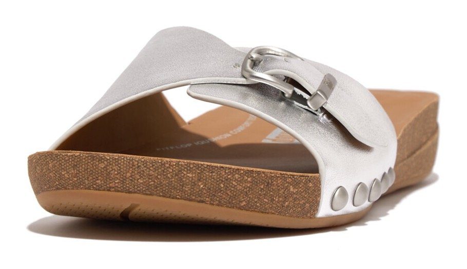 Fitflop Slippers IQUSHION ADJUSTABLE BUCKLE METALLIC-LEATHER SLIDES sleehak, zomerschoen, slippers met verstelbare bandage