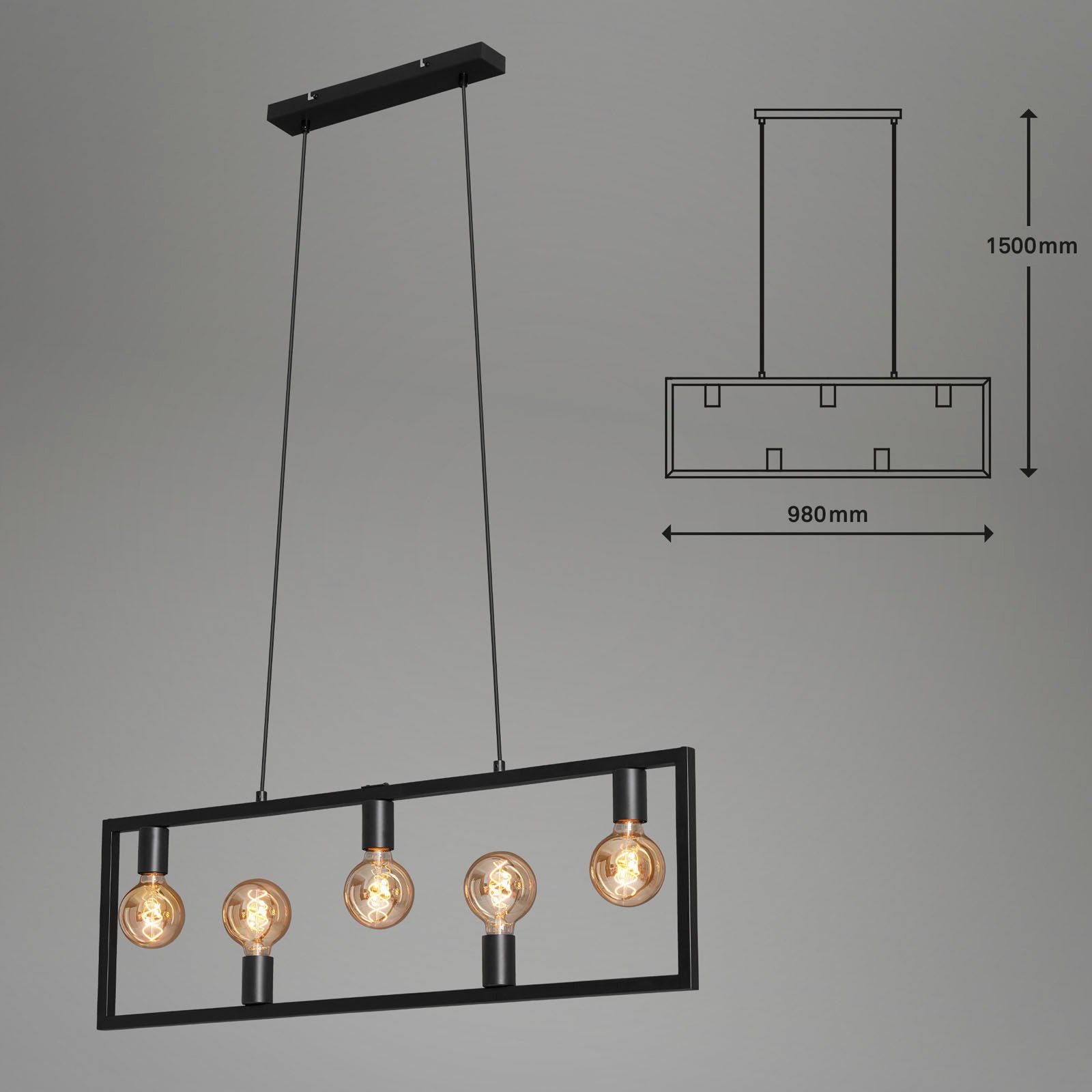 Briloner Leuchten Hanglamp KOTAK zwart, e27, hangend metaal, voor en (1 stuk)