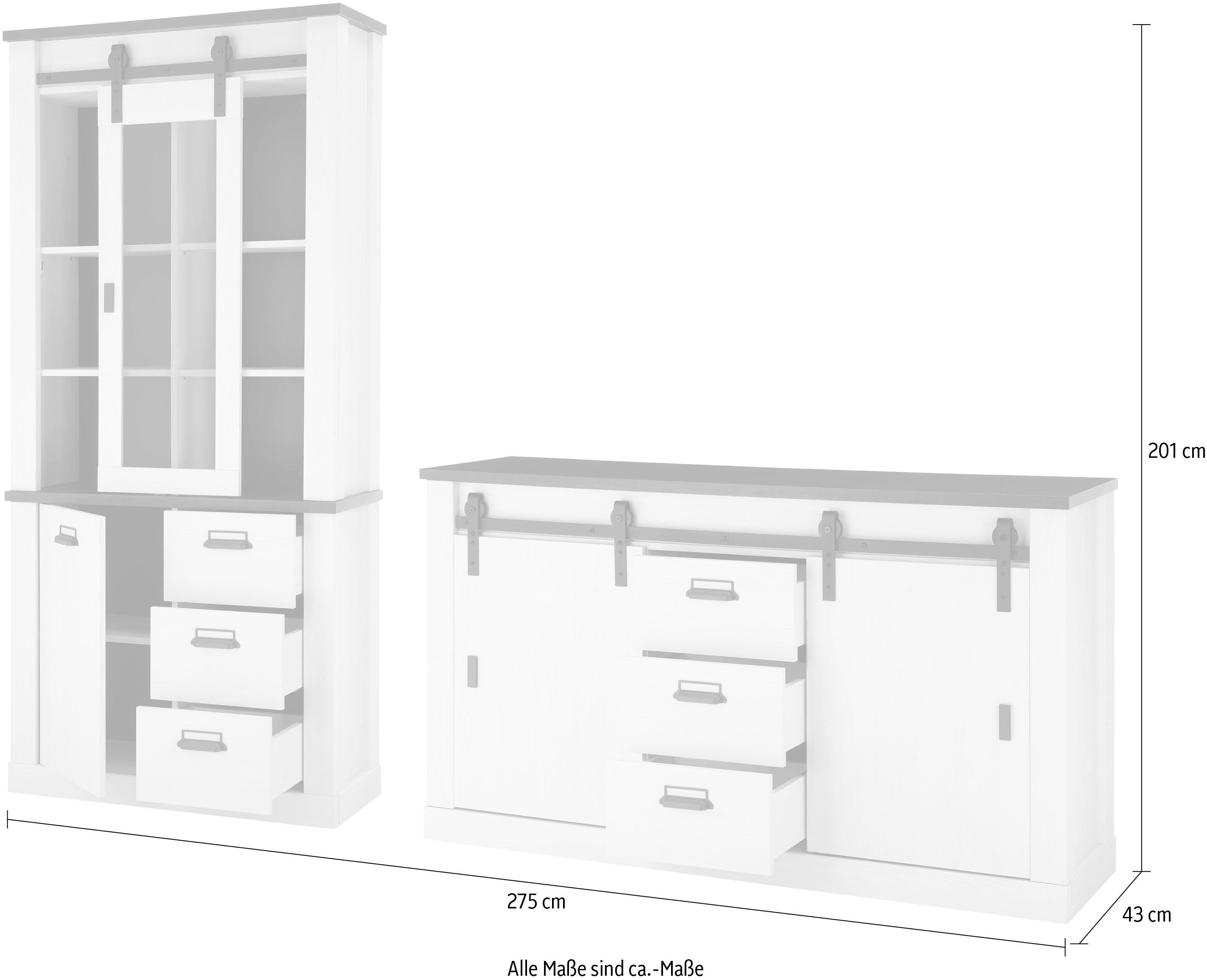 Home affaire Wandmeubel Sherwood Schuurdeurbeslag en apothekersgrepen van metaal, hoogte 201 cm (2-delig)