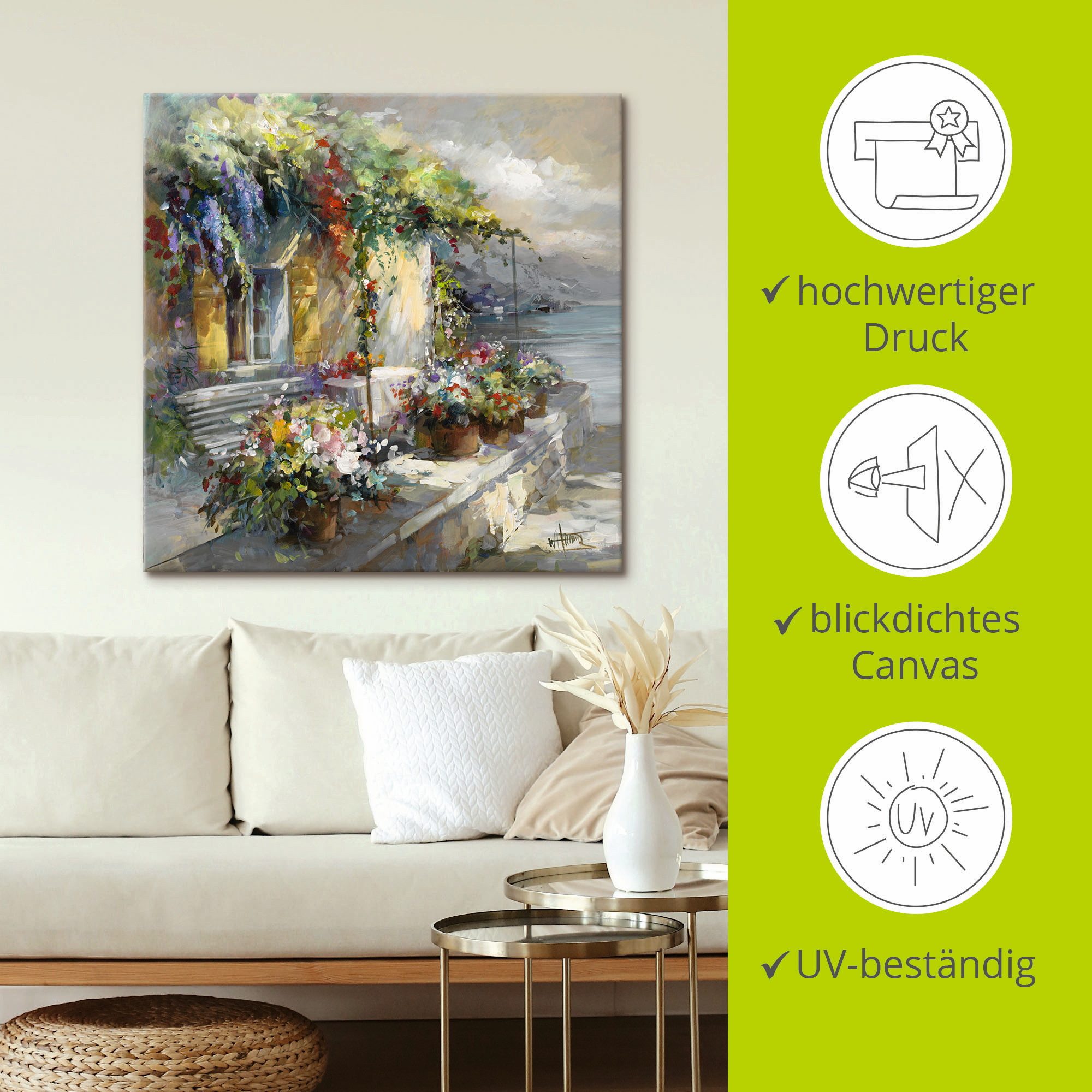 Artland Artprint op linnen Veranda aan het meer gespannen op een spieraam