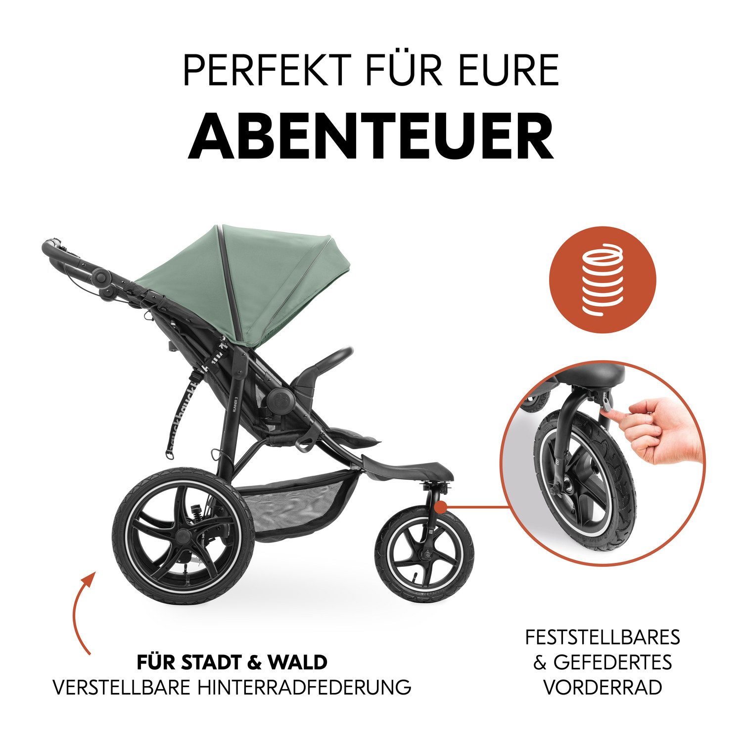 Hauck Kinderwagen met drie wielen Runner 3, Jungle Green met xxl-luchtwielen en handrem, tot 22 kg belastbaar