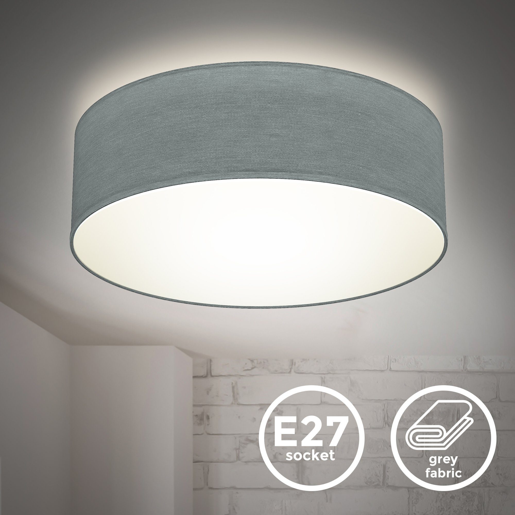 B.K.Licht Led-plafondlamp Plafondlamp, textielschaal, grijs, E27, slaapkamer, woonkamer