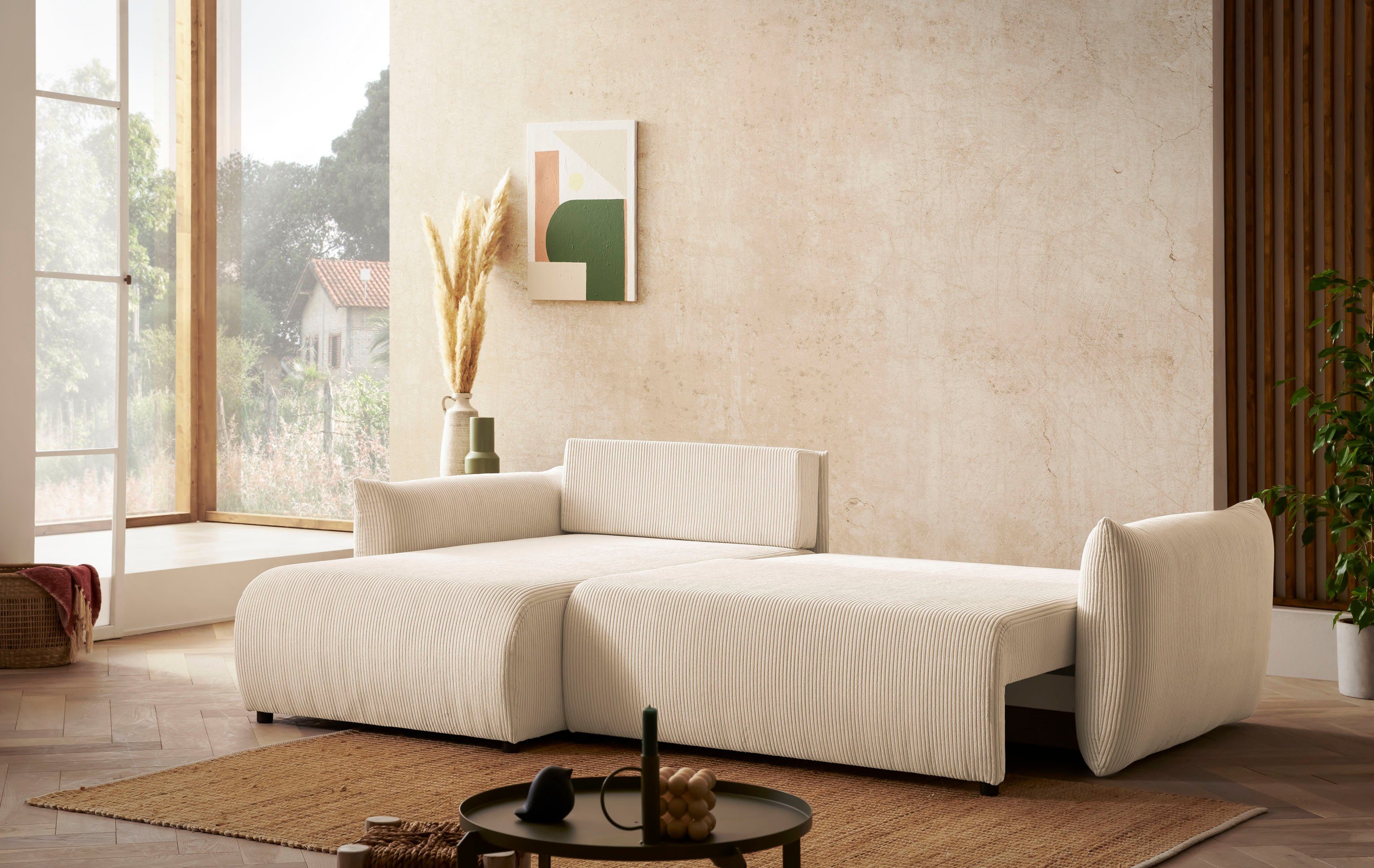 INOSIGN Hoekbank MAVAS bedbank met bedkist, L-model, ca. 257/127 cm (ligoppervlak 212/145 cm), ribfluweel, chenille, structuur