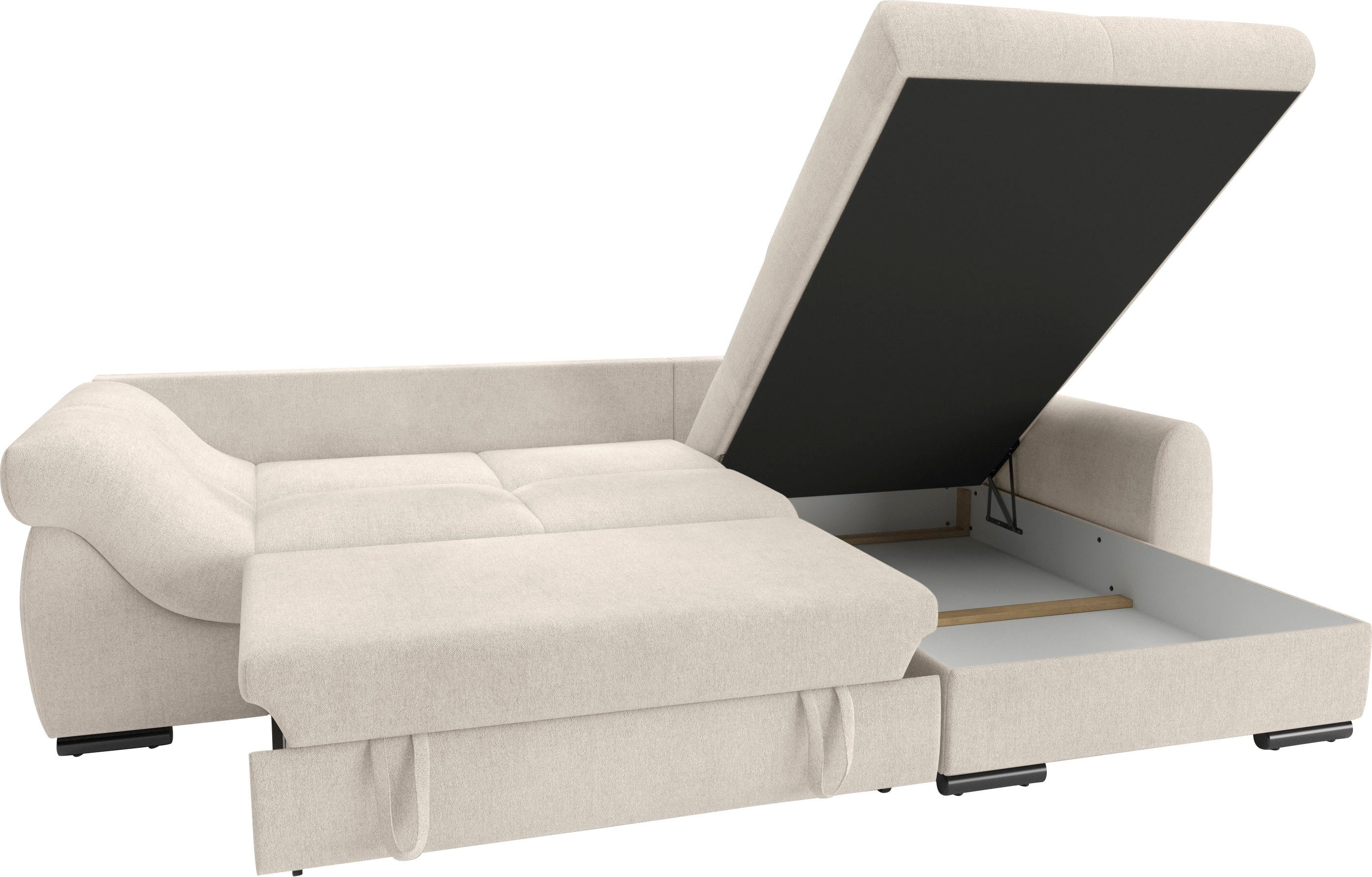 Mr. Couch Hoekbank Livorno DuraFlex L-vorm incl. hoogslaper beduitbreiding, xl bedbox wit gecoat