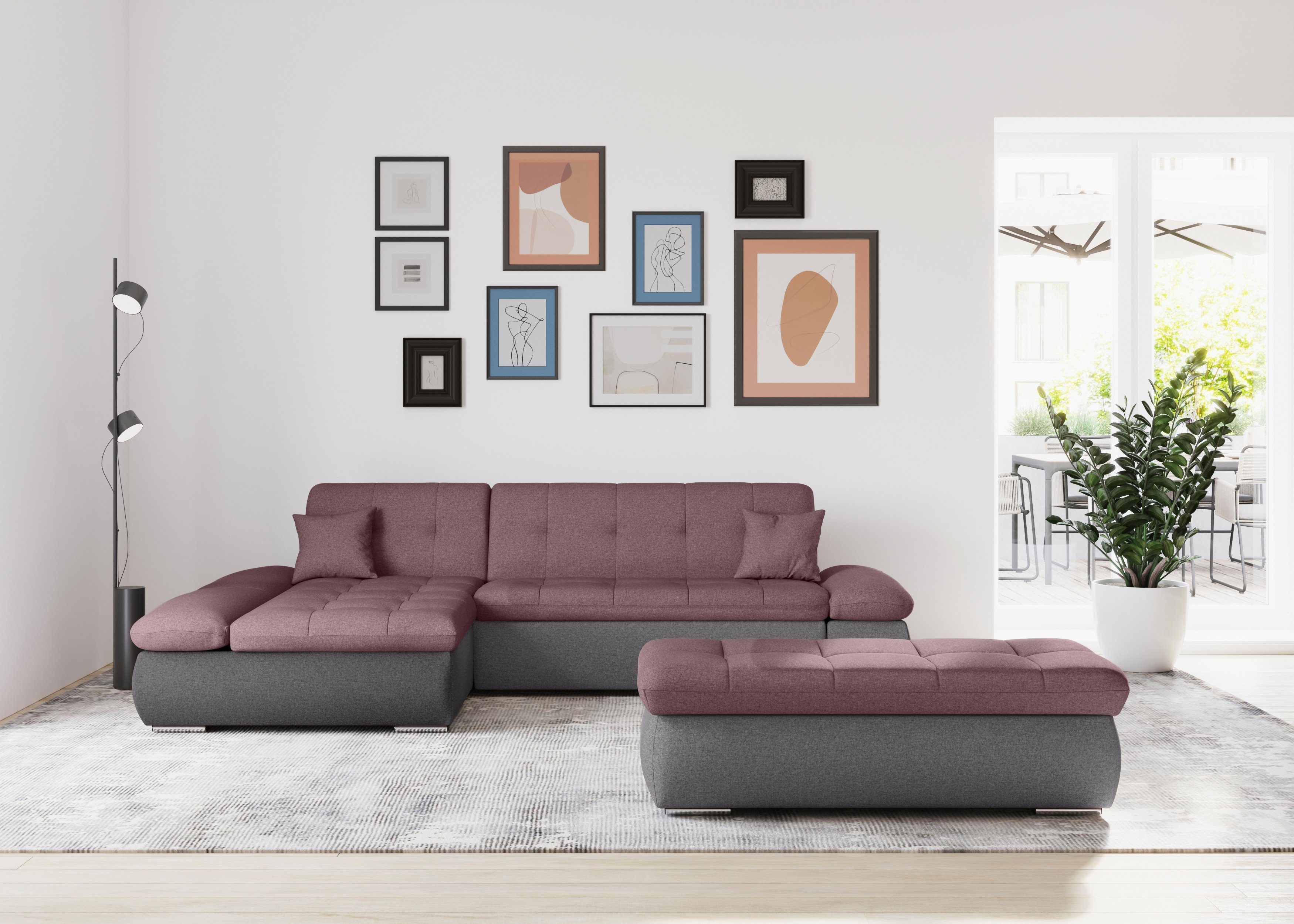 DOMO collection Hoekbank Moric, L-vorm, XXL-bank - Breedte 300cm keuze met bedfunctie en armleuningverstelling, donkergroen