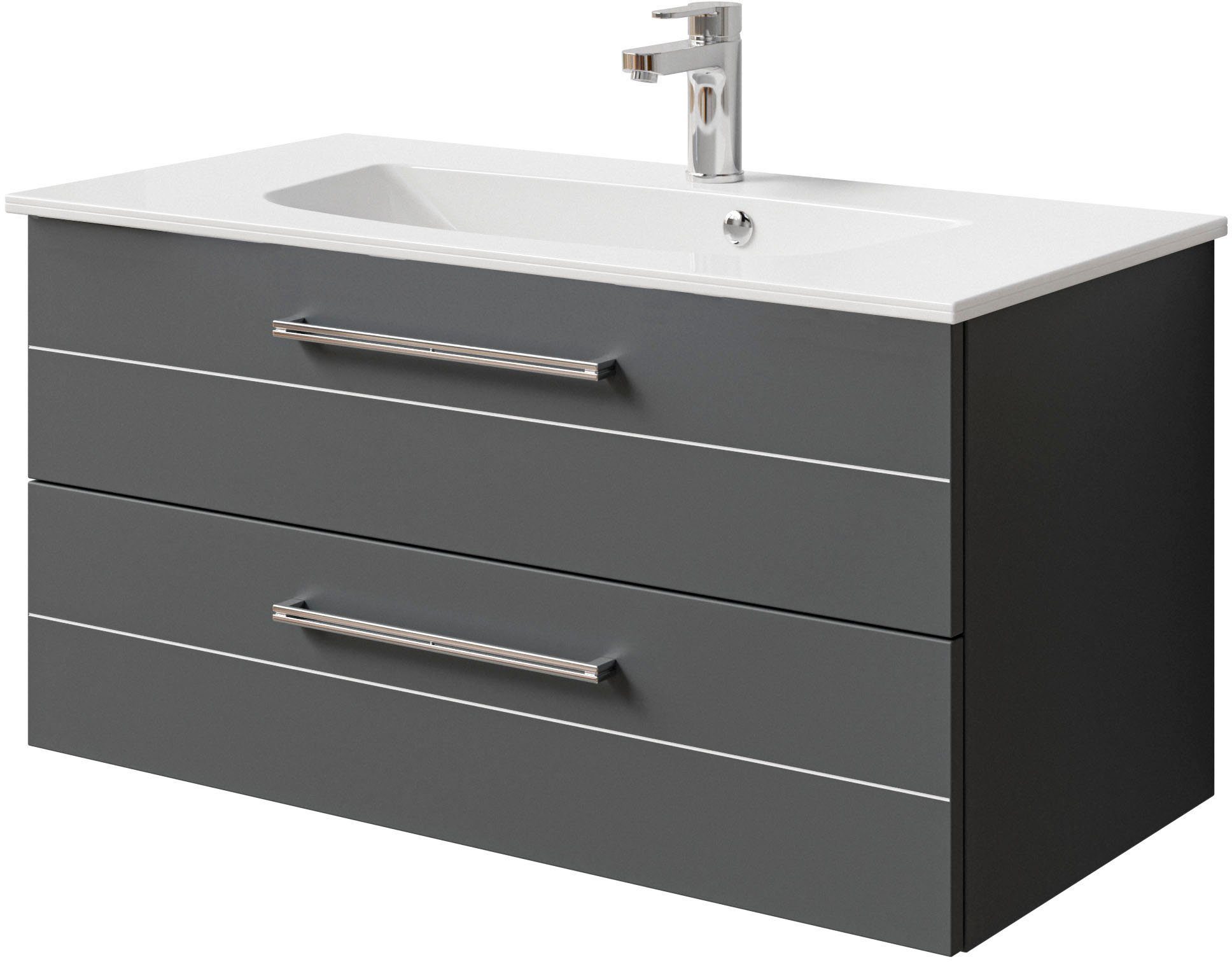 Saphir Wastafelonderkast Serie 6025 mineraalmarmeren wastafel met onderkast, 97 cm breed (2-delig) wastafelmeubels grijs