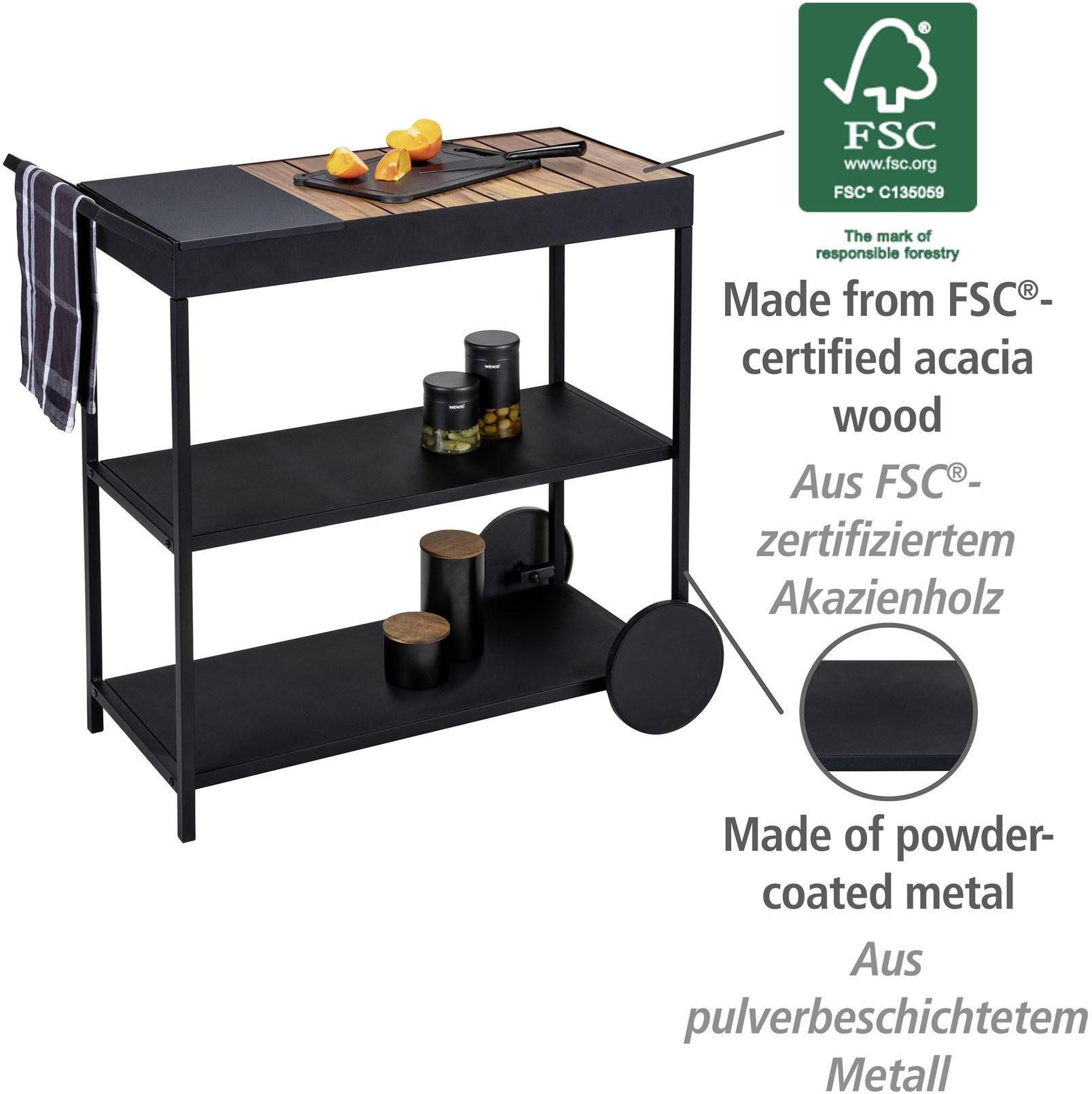 WENKO Serveerwagen Model Miro Bijzetwagen met wielen, plank van FSC® gecertificeerd acaciahout