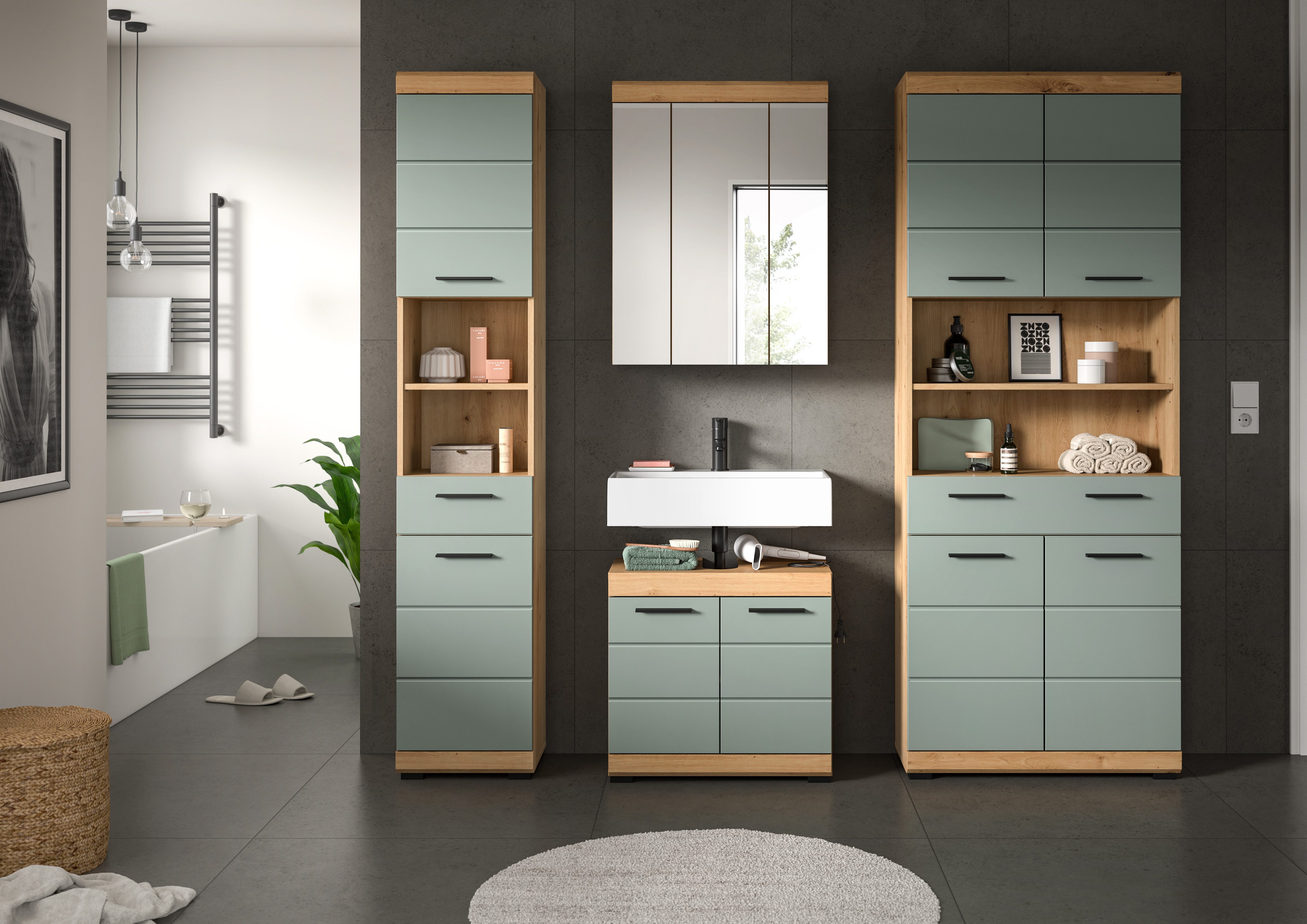 INOSIGN Badkamerserie Siena, 4-delig, bestaande uit: Smalle hoge kast, WBU, spiegelkast, brede hoge kast (set, 4-delig)