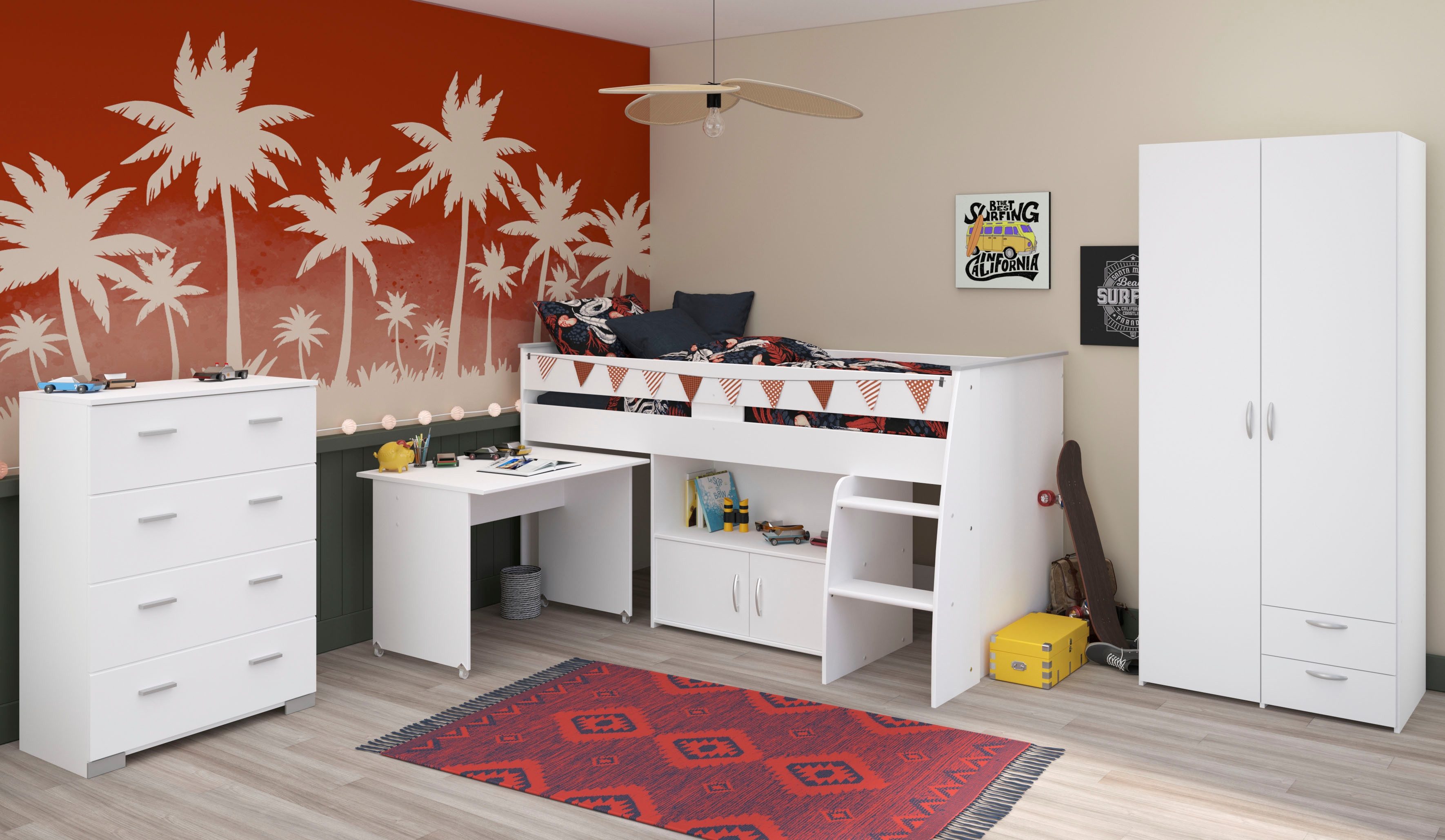 Parisot Tienerkamerset Parisot, Reverse 11 uittrekbaar bureau op wielen, veel opbergruimte, kledingkast (3-delig)
