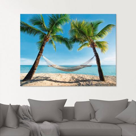 Artland print op glas Palmenstrand Karibik mit Hängematte