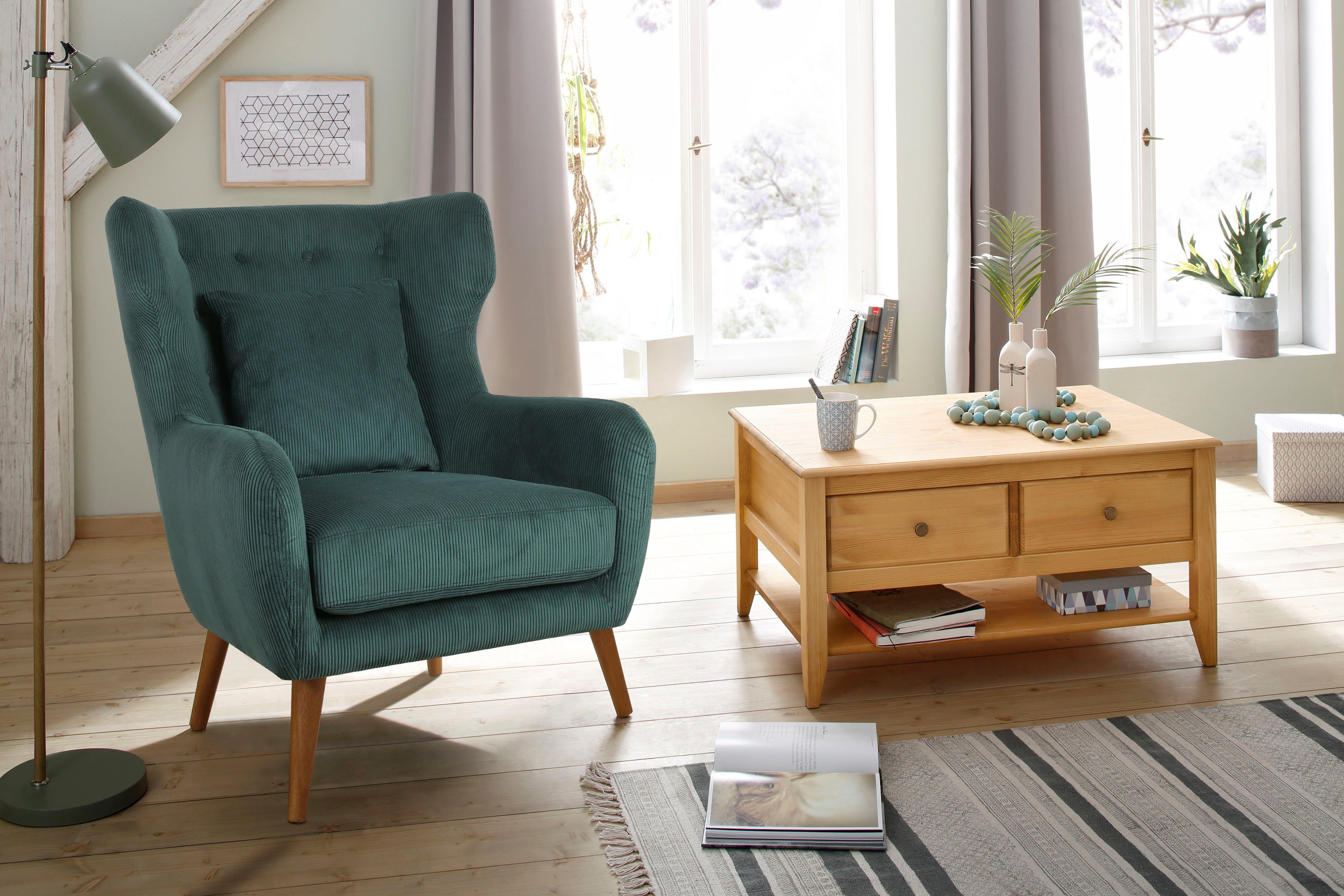 Home affaire Oorfauteuil Yamuna met beklede zitting, frame en poten van massief hout, zithoogte 47 cm