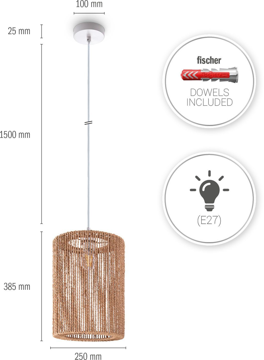 Paco Home Hanglamp Hugo Ricarda Woonkamer eetkamer rattan look Boho lampenkap papier rond