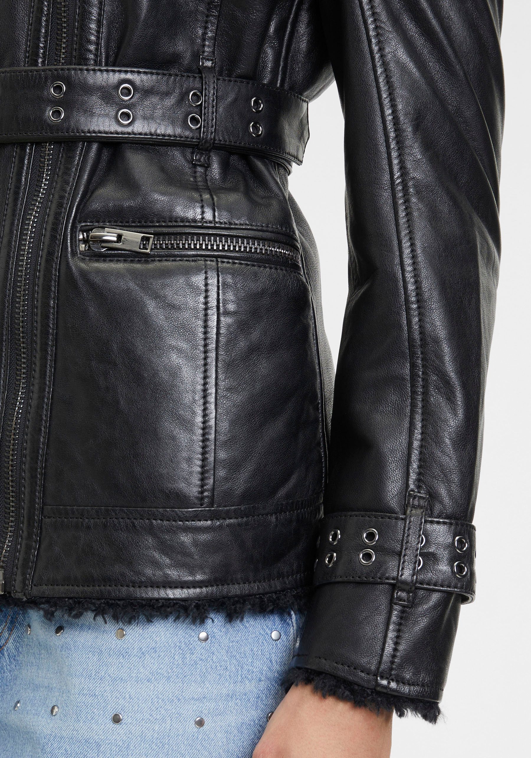 Mauritius Leren jack G2WDeba SF met imitatiebont, riem, asymmetrische rits