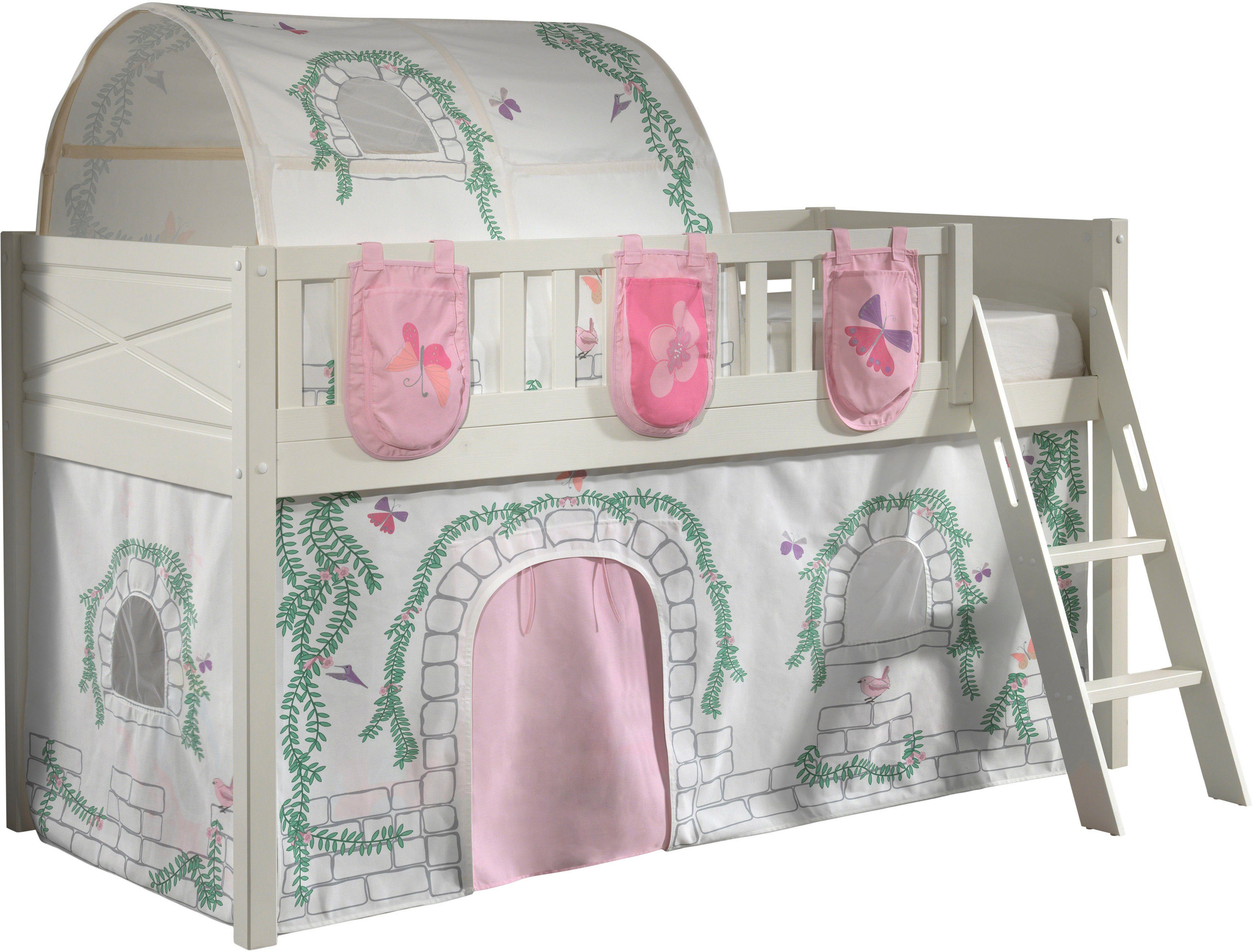 Vipack Hoogslaper Scott met ladder, ligoppervlak 90 x 200 cm, doek, opbergvak, tunnel, 4 designs hoogslapers wit