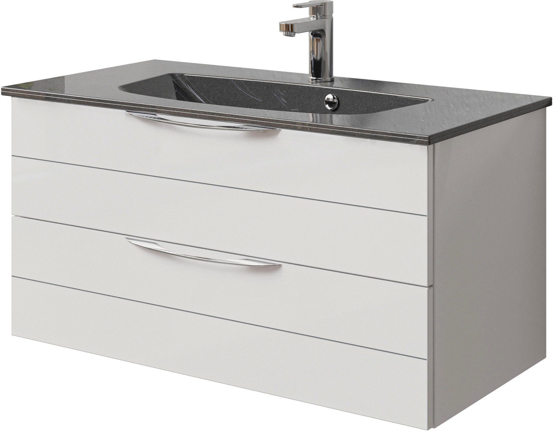 Saphir Wastafelonderkast Serie 6025 mineraalmarmeren wastafel met onderkast, 97 cm breed (2-delig) wastafelmeubels wit