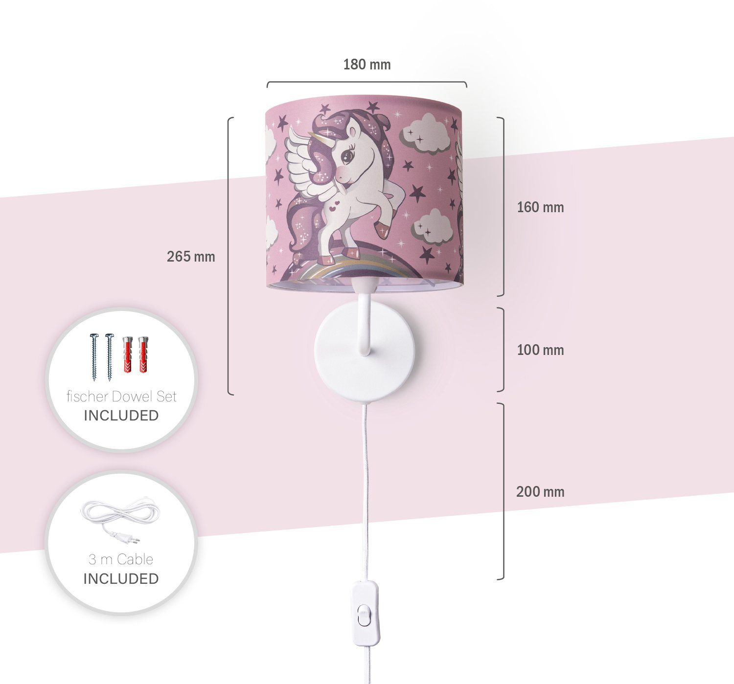 Paco Home Wandlamp Cosmo 213 Kinderlamp met âˆ…18cm eenhoorn regenboog kabellengte 3m E14