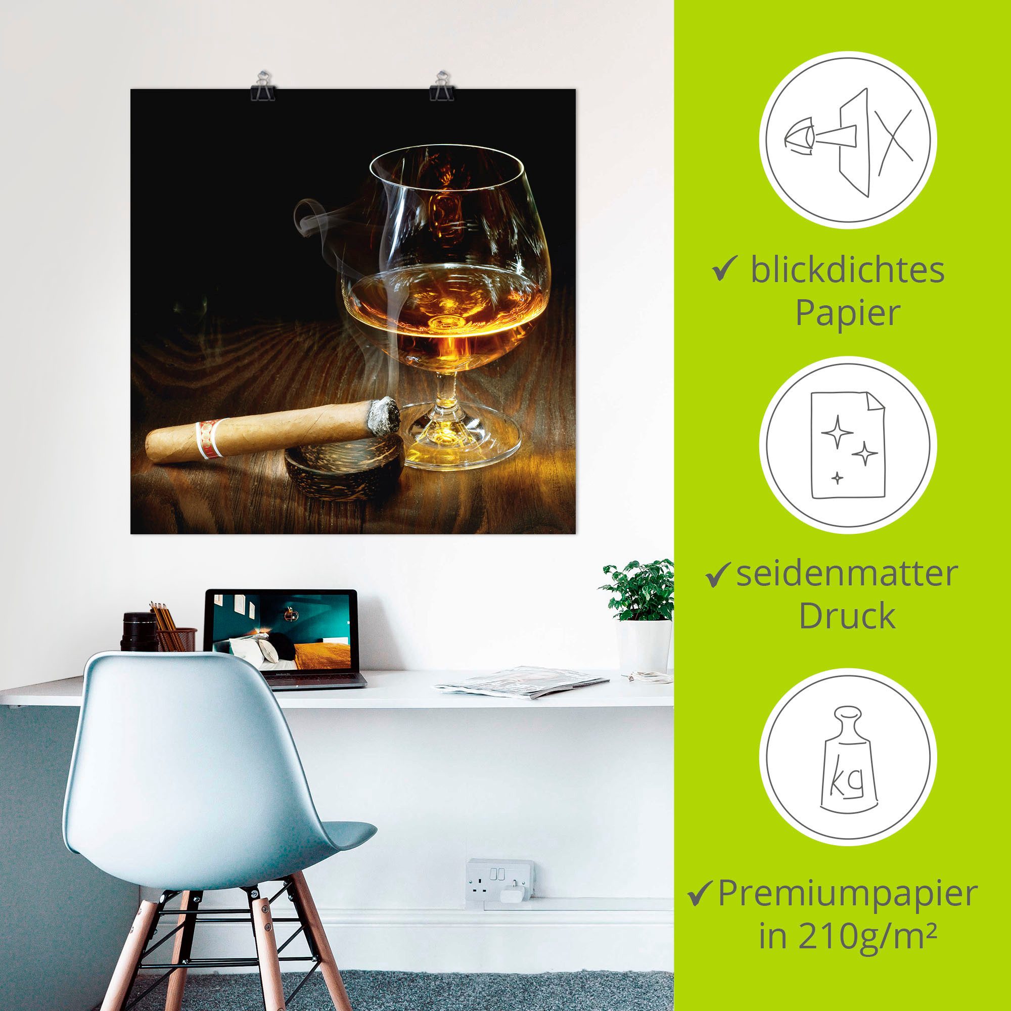 Artland Artprint Sigaar en cognac als artprint op linnen, poster in verschillende formaten maten