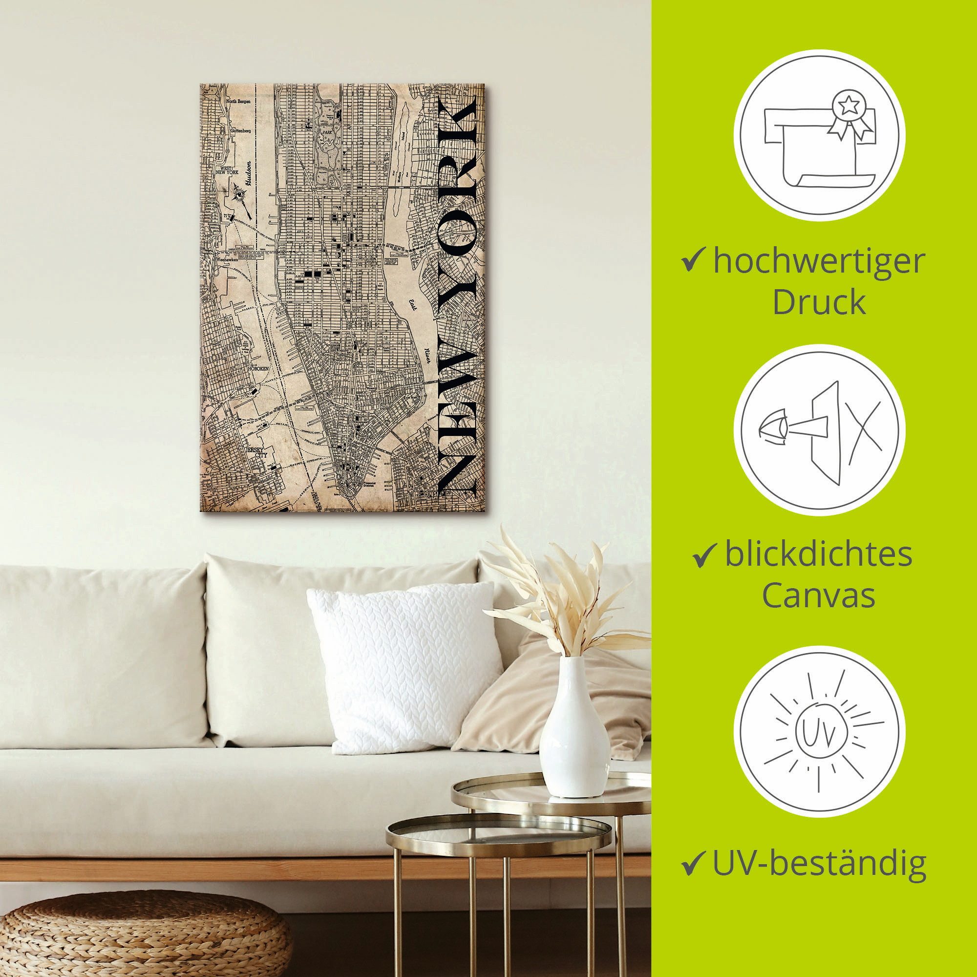 Artland Artprint New York kaart straten kaart Grunge als artprint op linnen, poster in verschillende formaten maten