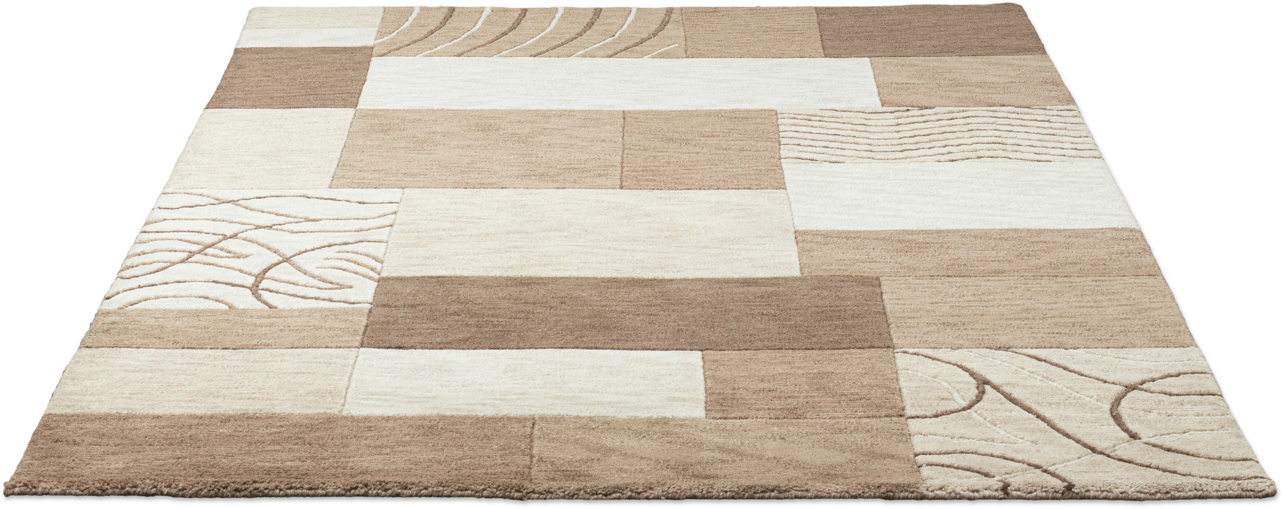 THEKO Wollen kleed Royal Domas 4028 Korte pool, zuivere wol, handgetuft, modern patchworkdesign