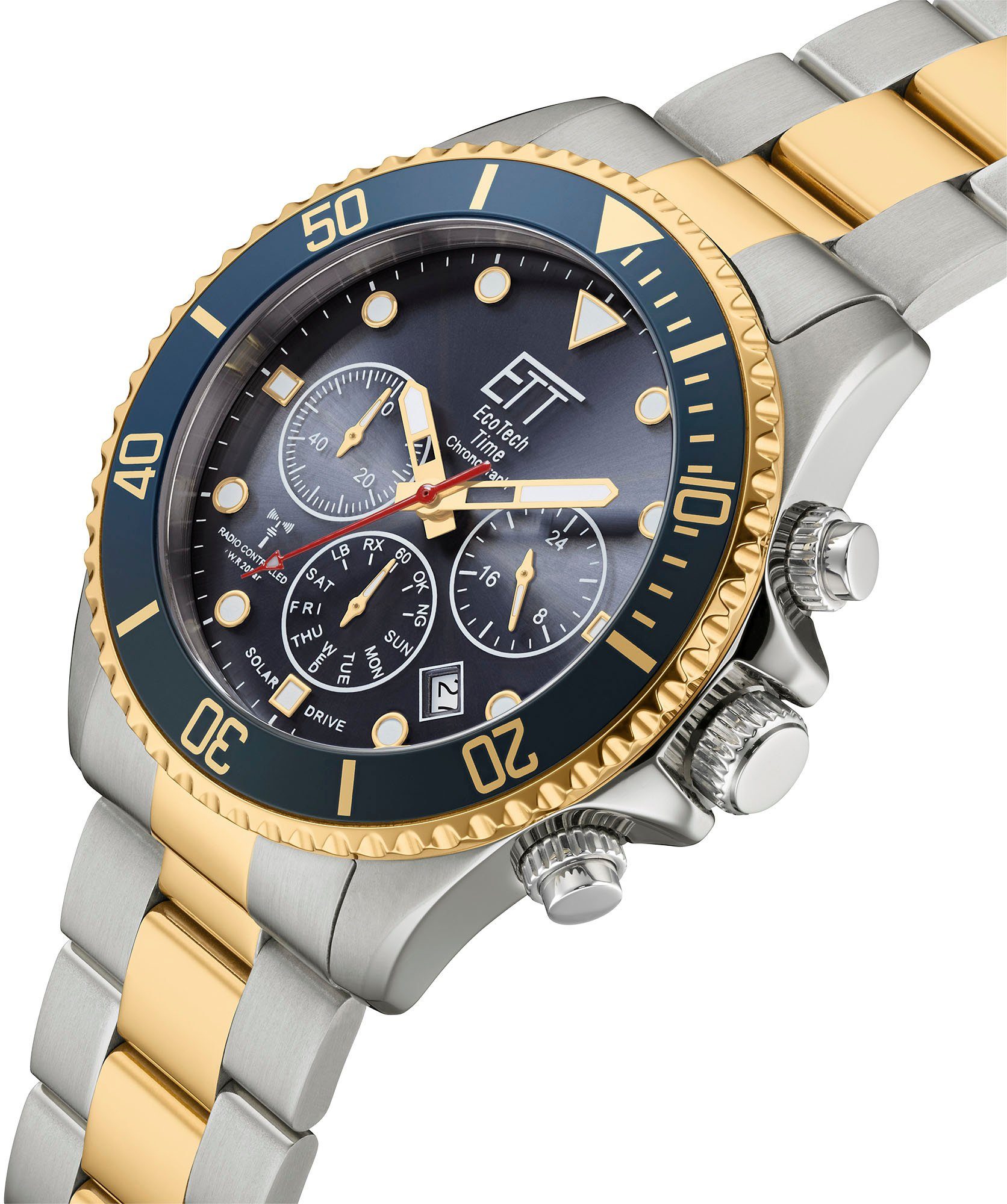 ETT Radiografische chronograaf Professional Armbandhorloge, herenhorloge, stopwatchfunctie, datum, solar, roestvrij staal armband